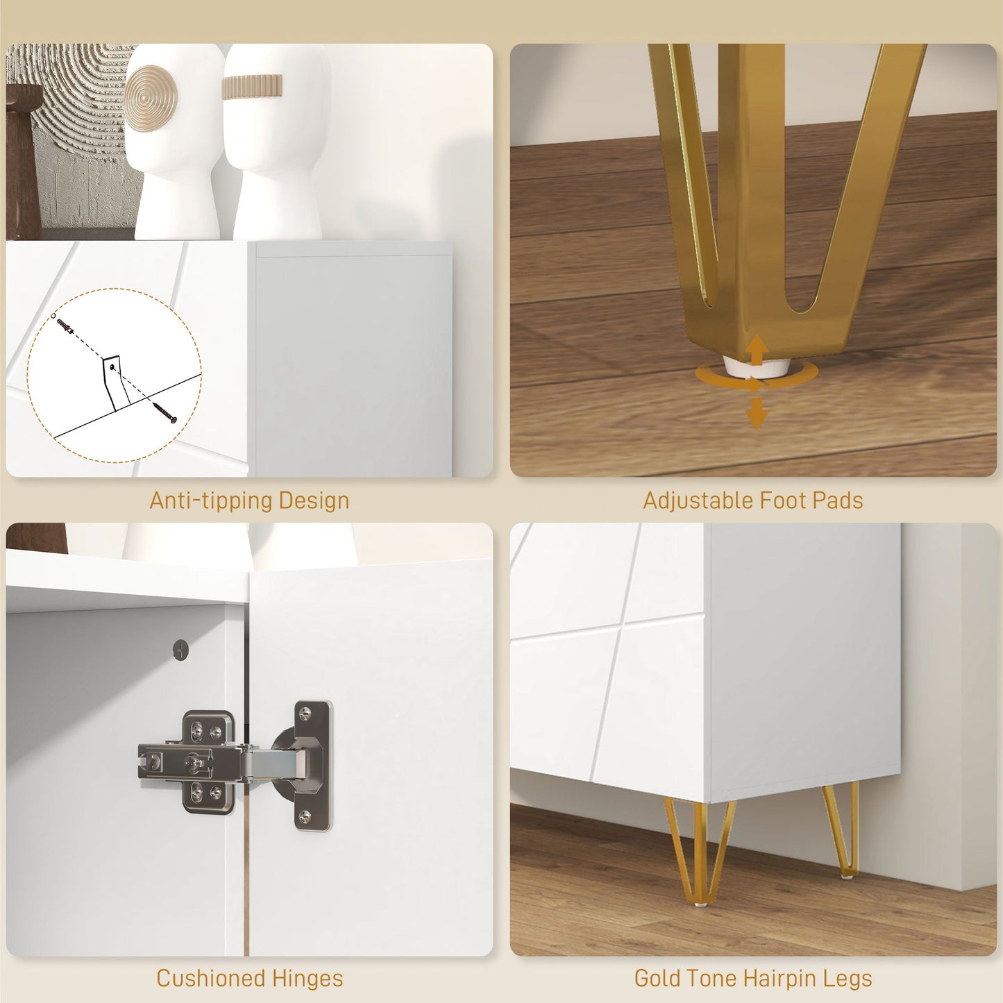 HOMCOM Storage Cabinet with High Gloss, Freestanding Sideboard with Adjustable Shelves, Soft-Close Doors and Gold Tone Hairpin Legs for Living Room, Dining Room, Hallway, White