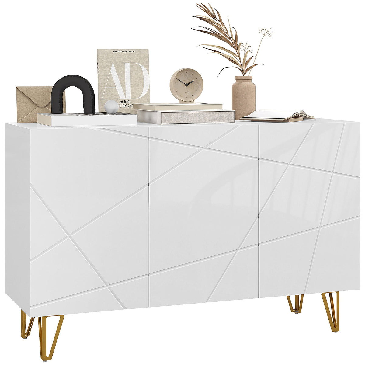 HOMCOM Storage Cabinet with High Gloss, Freestanding Sideboard with Adjustable Shelves, Soft-Close Doors and Gold Tone Hairpin Legs for Living Room, Dining Room, Hallway, White