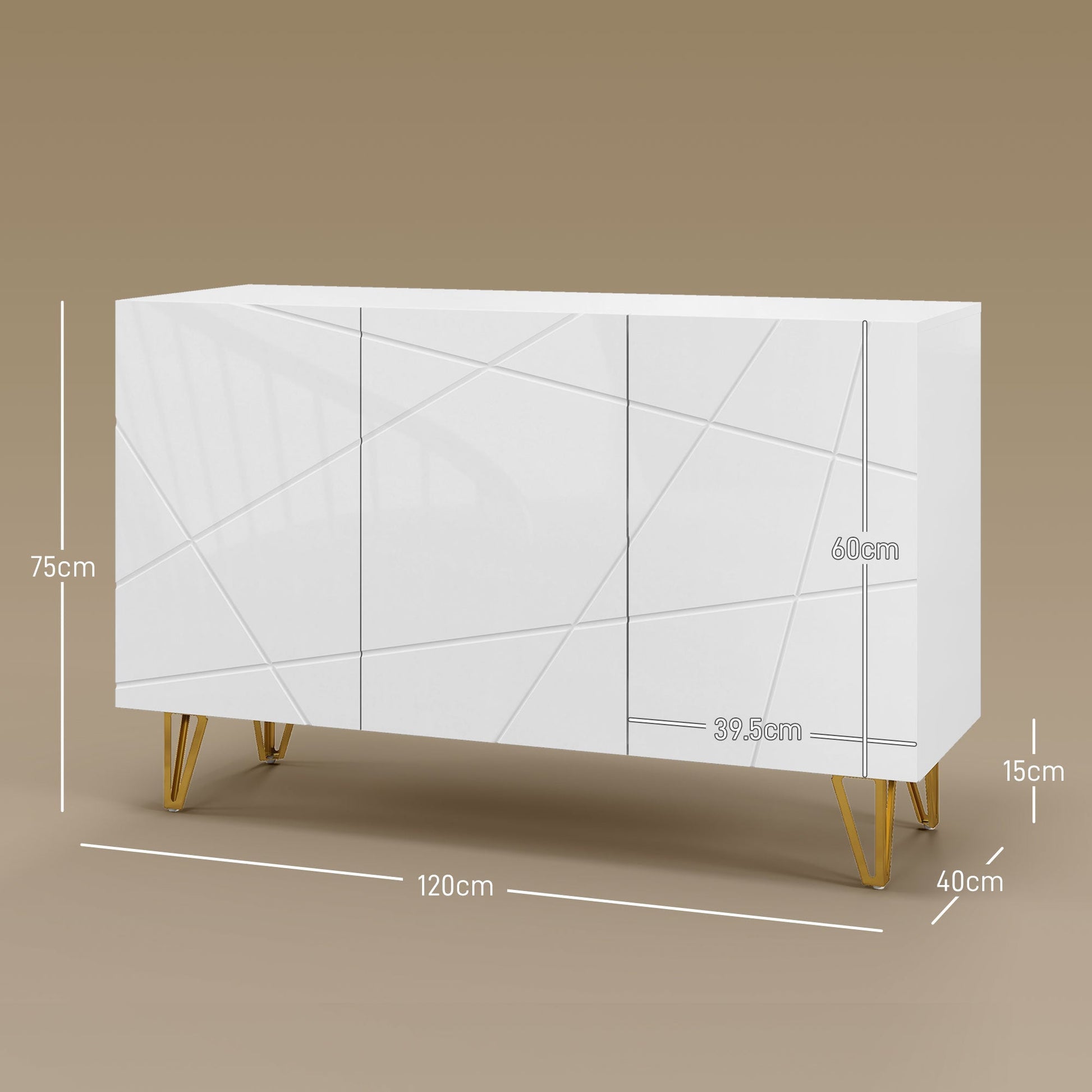 HOMCOM Storage Cabinet with High Gloss, Freestanding Sideboard with Adjustable Shelves, Soft-Close Doors and Gold Tone Hairpin Legs for Living Room, Dining Room, Hallway, White