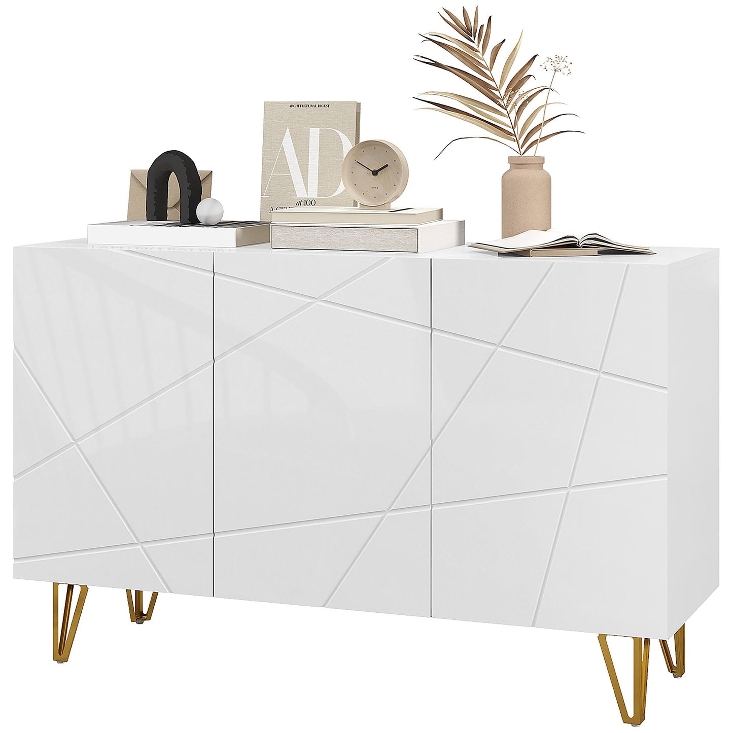 HOMCOM Storage Cabinet with High Gloss, Freestanding Sideboard with Adjustable Shelves, Soft-Close Doors and Gold Tone Hairpin Legs for Living Room, Dining Room, Hallway, White