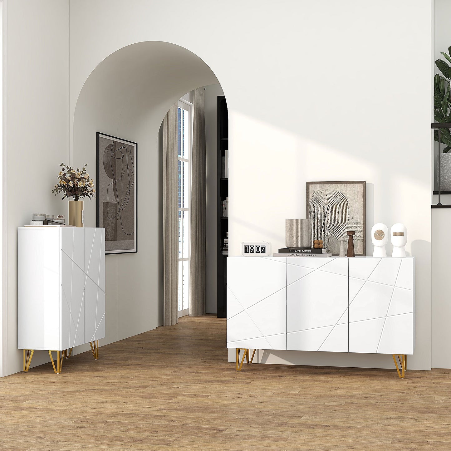 HOMCOM Storage Cabinet with High Gloss, Freestanding Sideboard with Adjustable Shelves, Soft-Close Doors and Gold Tone Hairpin Legs for Living Room, Dining Room, Hallway, White