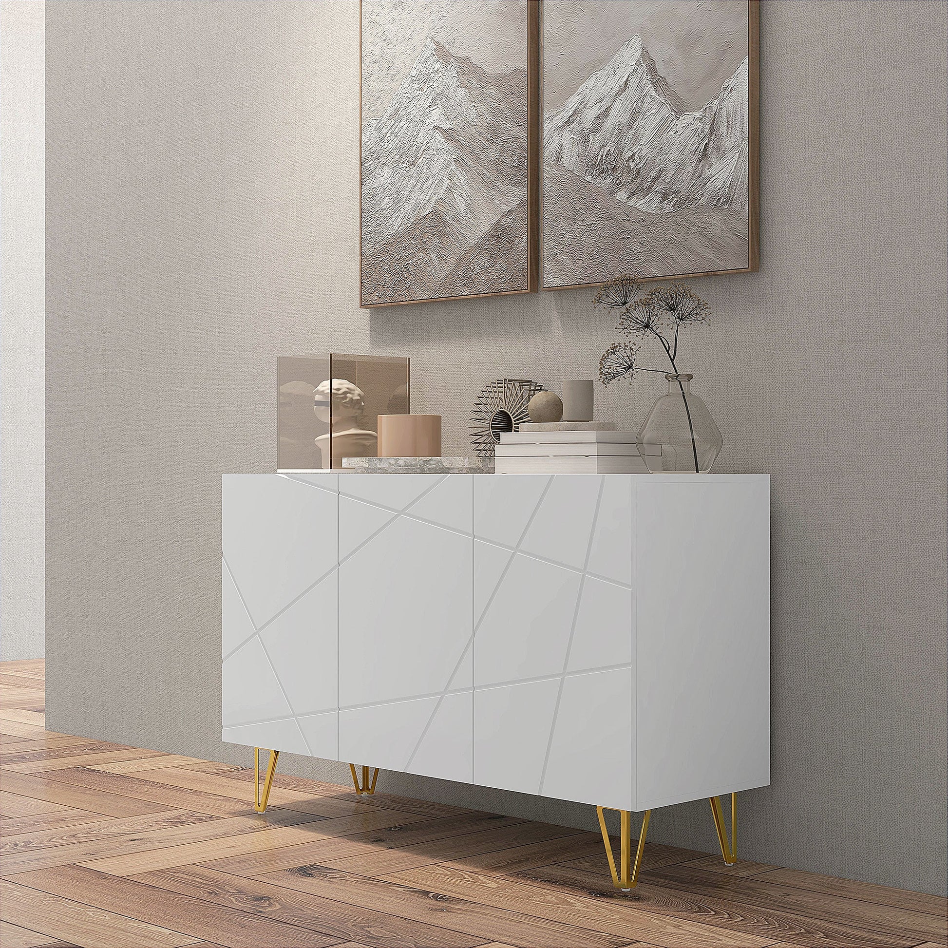 HOMCOM Storage Cabinet with High Gloss, Freestanding Sideboard with Adjustable Shelves, Soft-Close Doors and Gold Tone Hairpin Legs for Living Room, Dining Room, Hallway, White