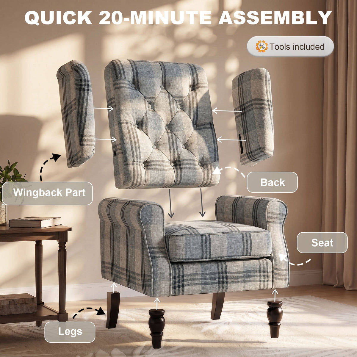 Wingback Accent Chair, Faux Linen Armchair with Thick Spring Cushion, High Back, Solid Wood Legs, Retro Button Tufted Reading Chair for Living Room, Bedroom, Mixed Plaid