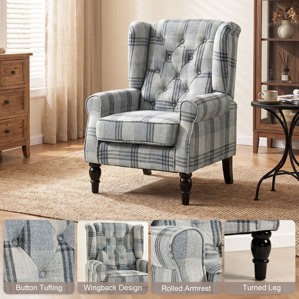 Wingback Accent Chair, Faux Linen Armchair with Thick Spring Cushion, High Back, Solid Wood Legs, Retro Button Tufted Reading Chair for Living Room, Bedroom, Mixed Plaid
