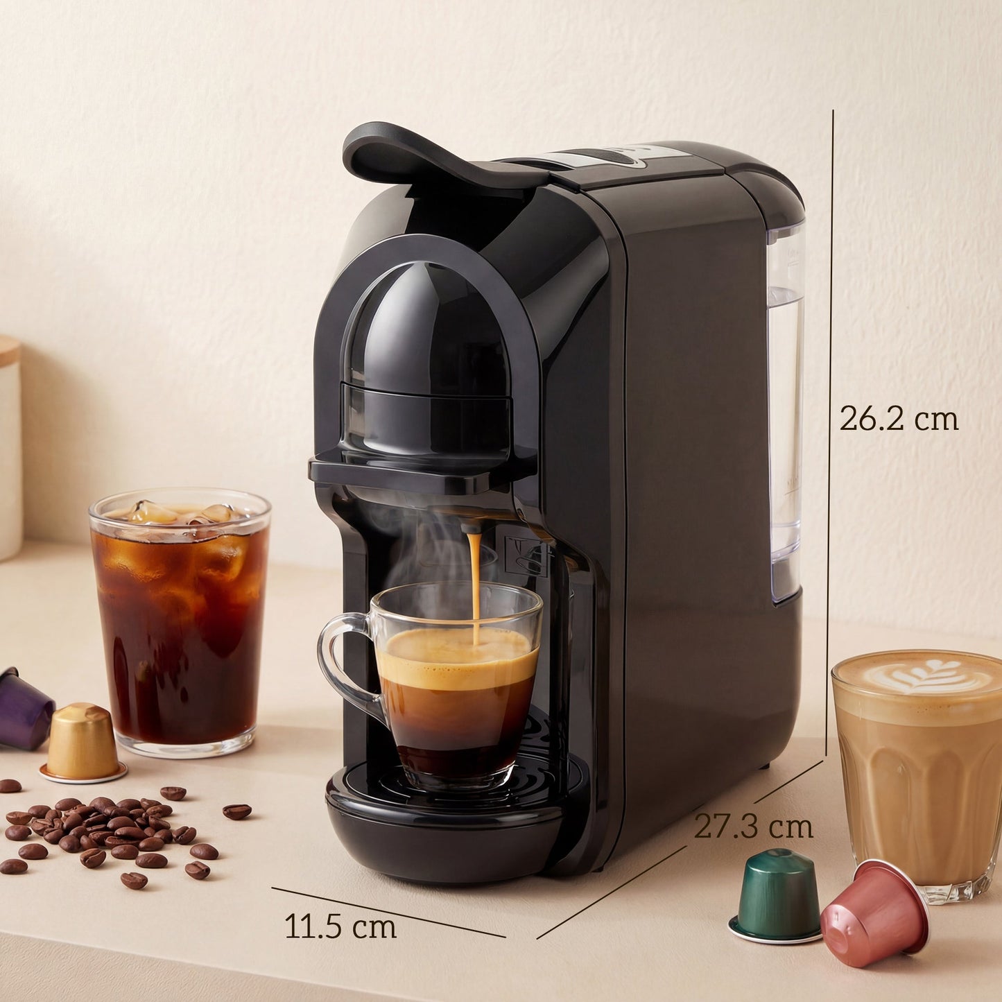 Pod Coffee Machine for Nespresso Original, Dolce Gusto Capsule and Ground Coffee, Small Semi Automatic Coffee Maker with 19 Bar Pump and 0.6L Water Tank for Home Office, Black