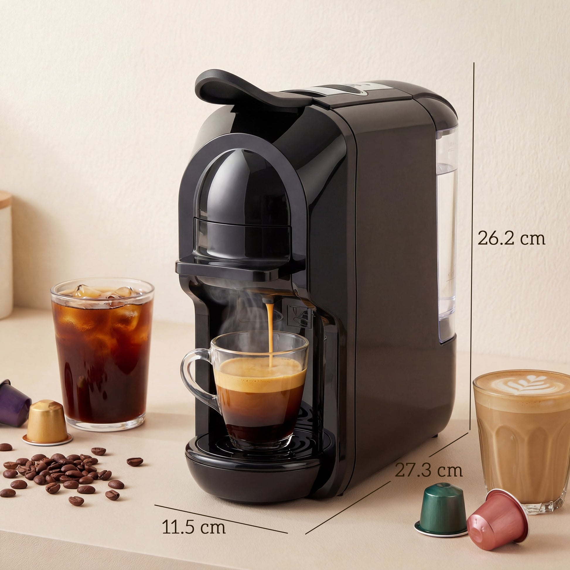 Pod Coffee Machine for Nespresso Original, Dolce Gusto Capsule and Ground Coffee, Small Semi Automatic Coffee Maker with 19 Bar Pump and 0.6L Water Tank for Home Office, Black