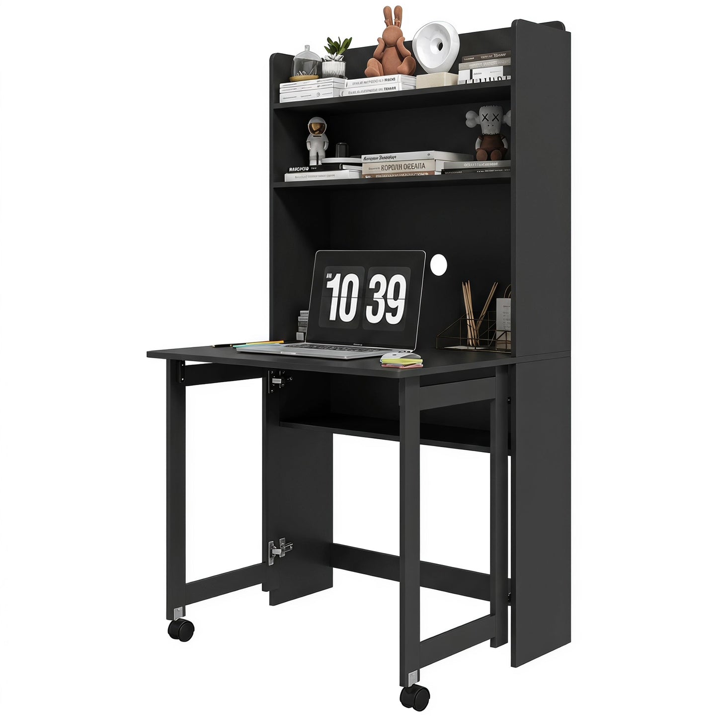 Computer Desk with Storage Shelves, Foldable Desktop with 2 Wheels, Study Table Workstation for Bedroom, Living Room and Home Office, 80 x 69 x 155 cm, Black