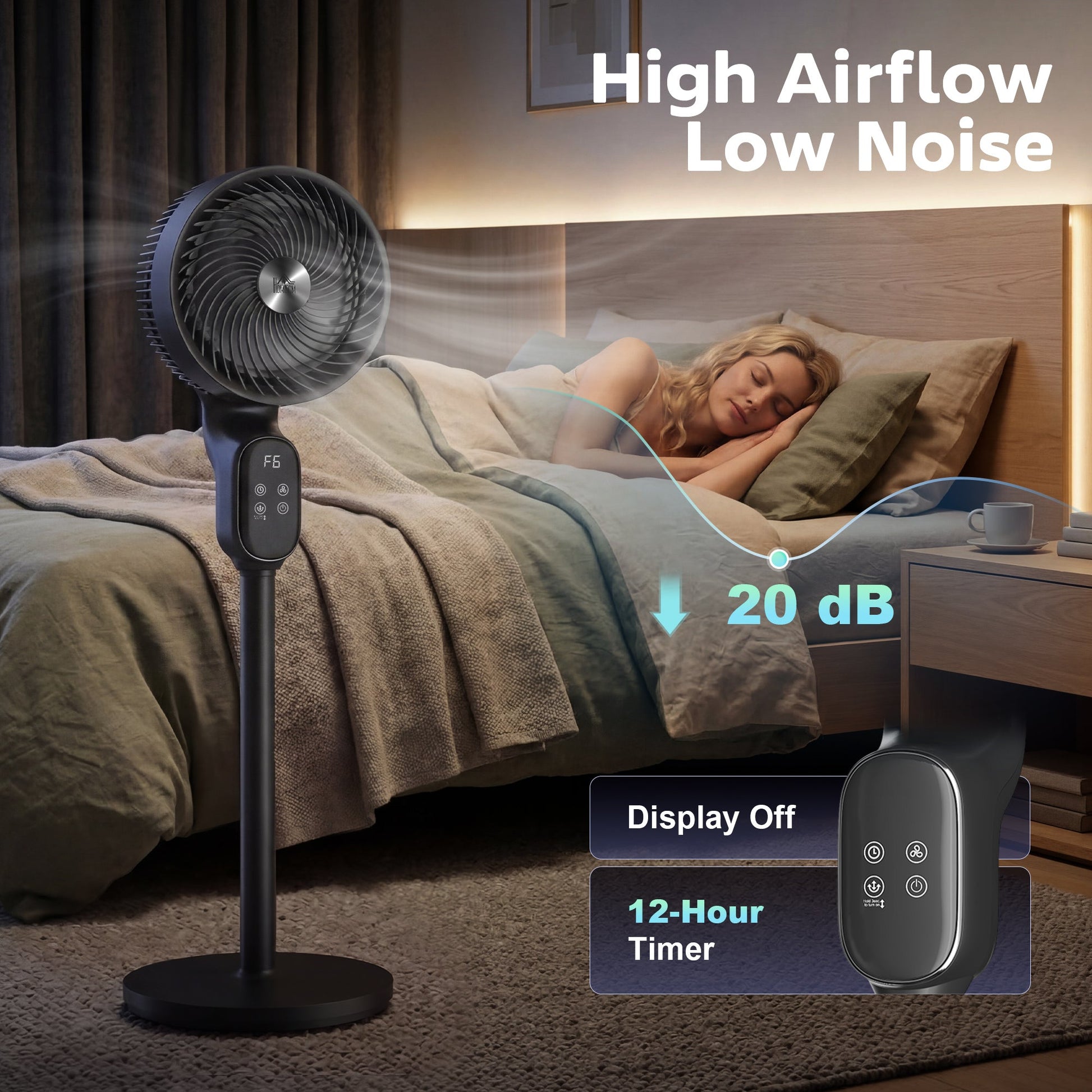 20 dB Silent Standing Fan for Bedroom, 39" Pedestal Fan with Remote, 90° Oscillating, 8 Speeds, Adjustable Height, 12H Timer, Aroma Diffuser, LED Display, Black