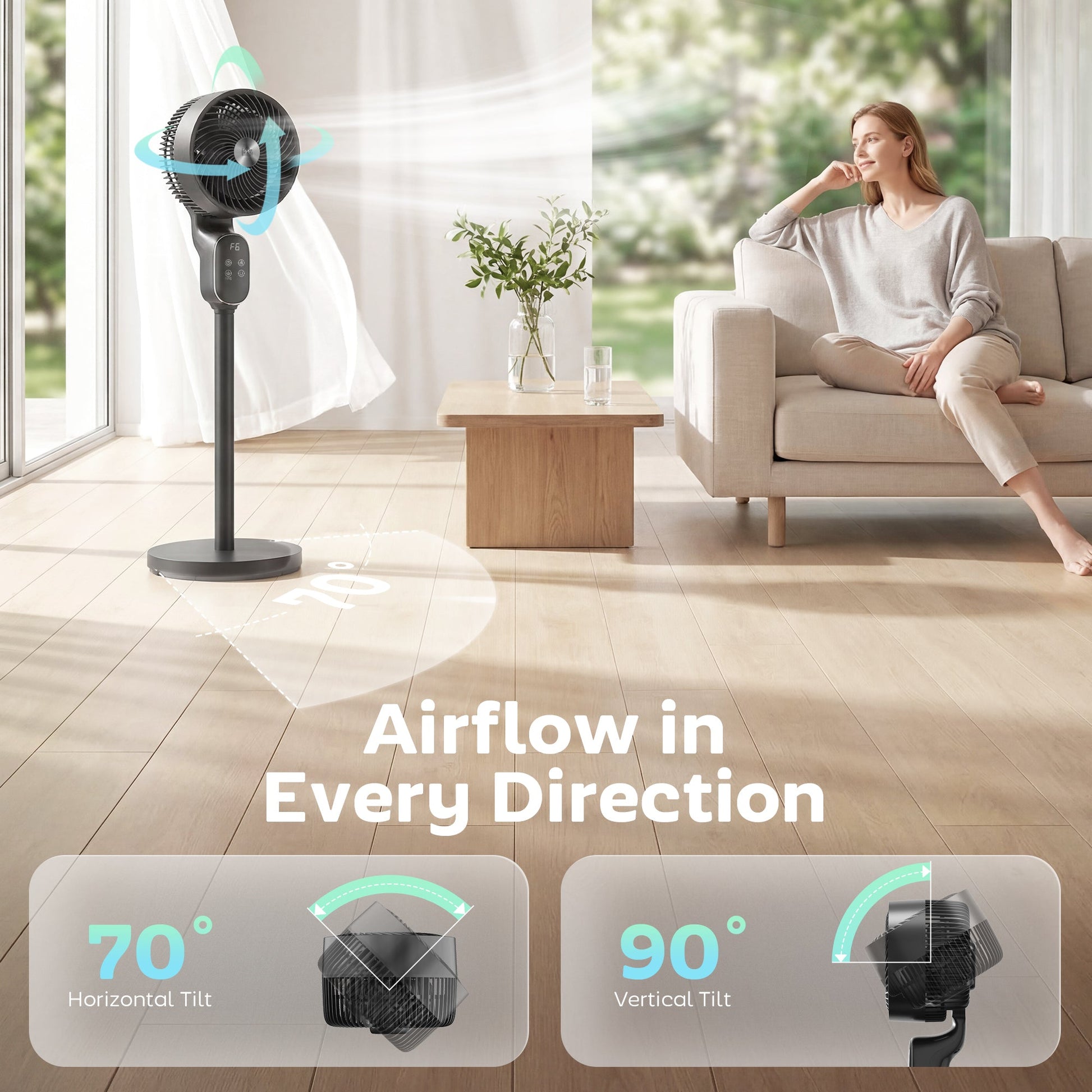 20 dB Silent Standing Fan for Bedroom, 39" Pedestal Fan with Remote, 90° Oscillating, 8 Speeds, Adjustable Height, 12H Timer, Aroma Diffuser, LED Display, Black