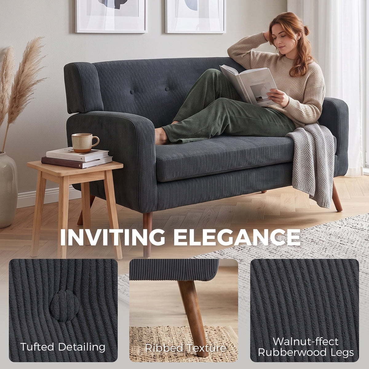 2 Seater Sofa, 118 cm Corduroy Small Sofa with Spring Cushion, Compact Tufted Loveseat Sofa Settee with Wooden Legs for Small Space, Living Room, Bedroom, Home Office, Dark Grey