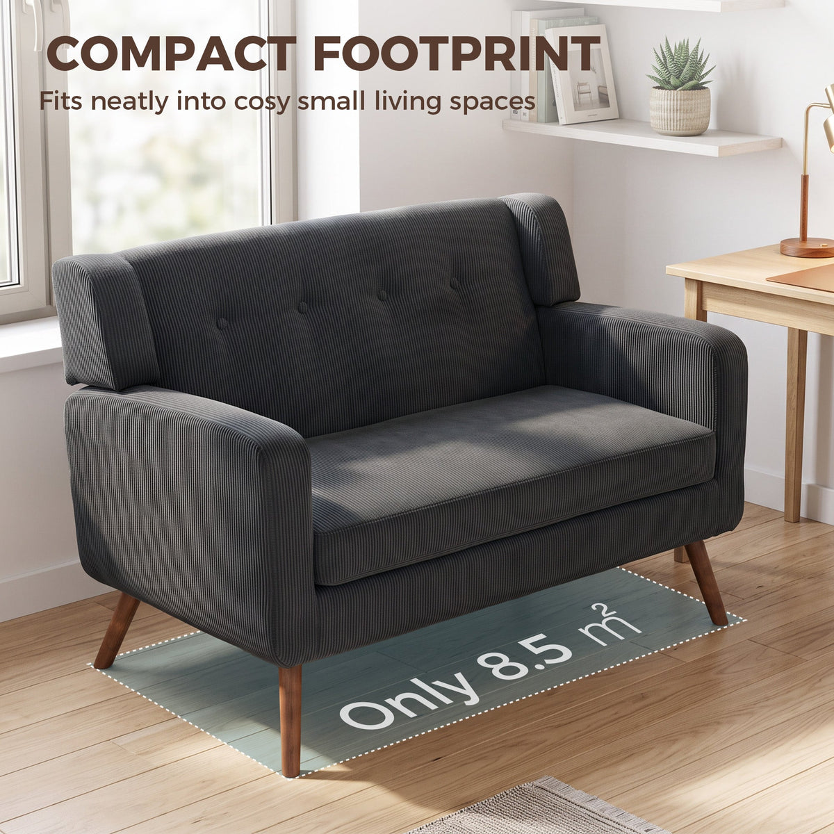 2 Seater Sofa, 118 cm Corduroy Small Sofa with Spring Cushion, Compact Tufted Loveseat Sofa Settee with Wooden Legs for Small Space, Living Room, Bedroom, Home Office, Dark Grey
