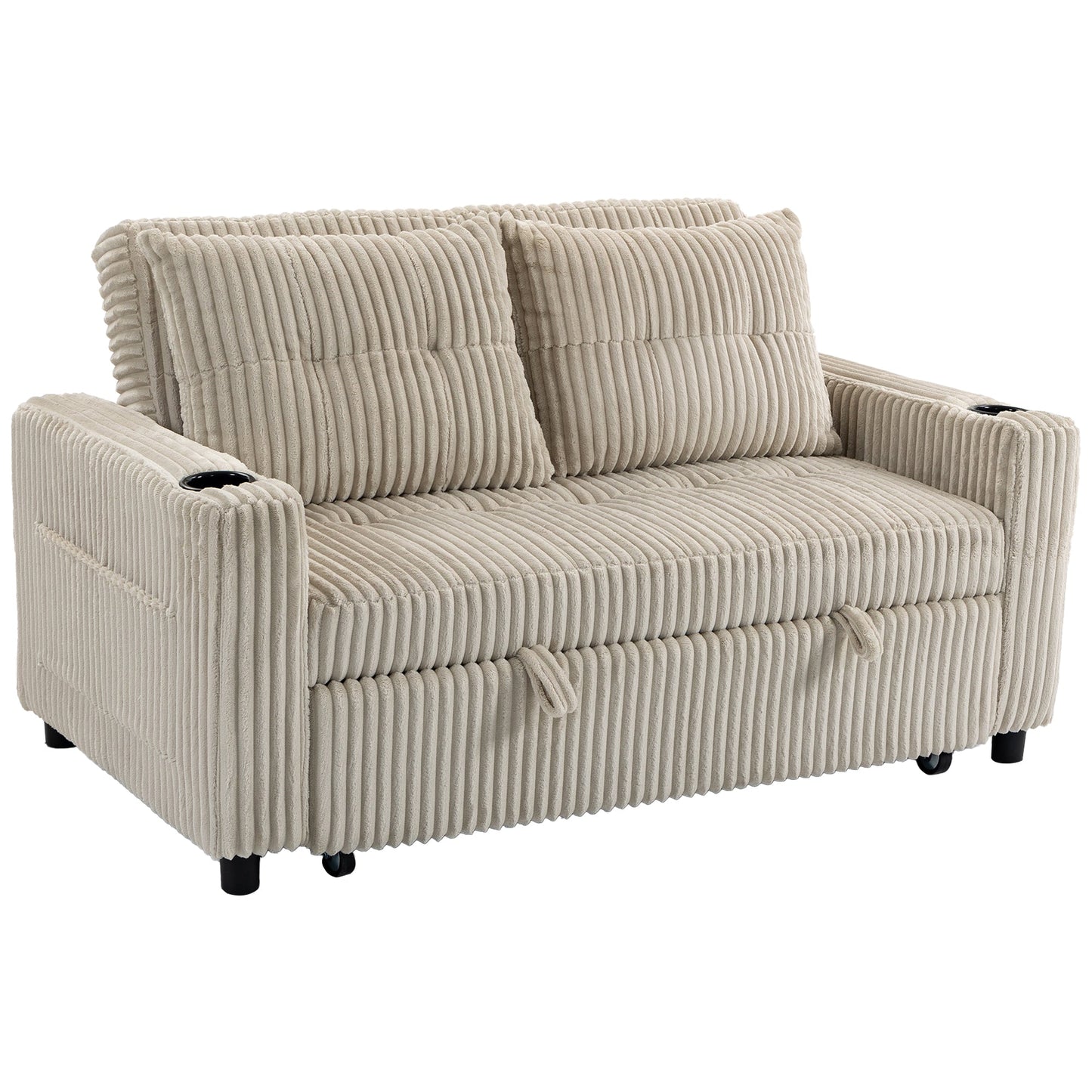 2 Seater Sofa Bed, Corduroy Click Clack Sleeper Sofa with Pull Out Design, 2 Pillows, Cup Holders, Side Pockets, Convertible Loveseat Bed Settee for Living Room, 157x190cm, Cream White