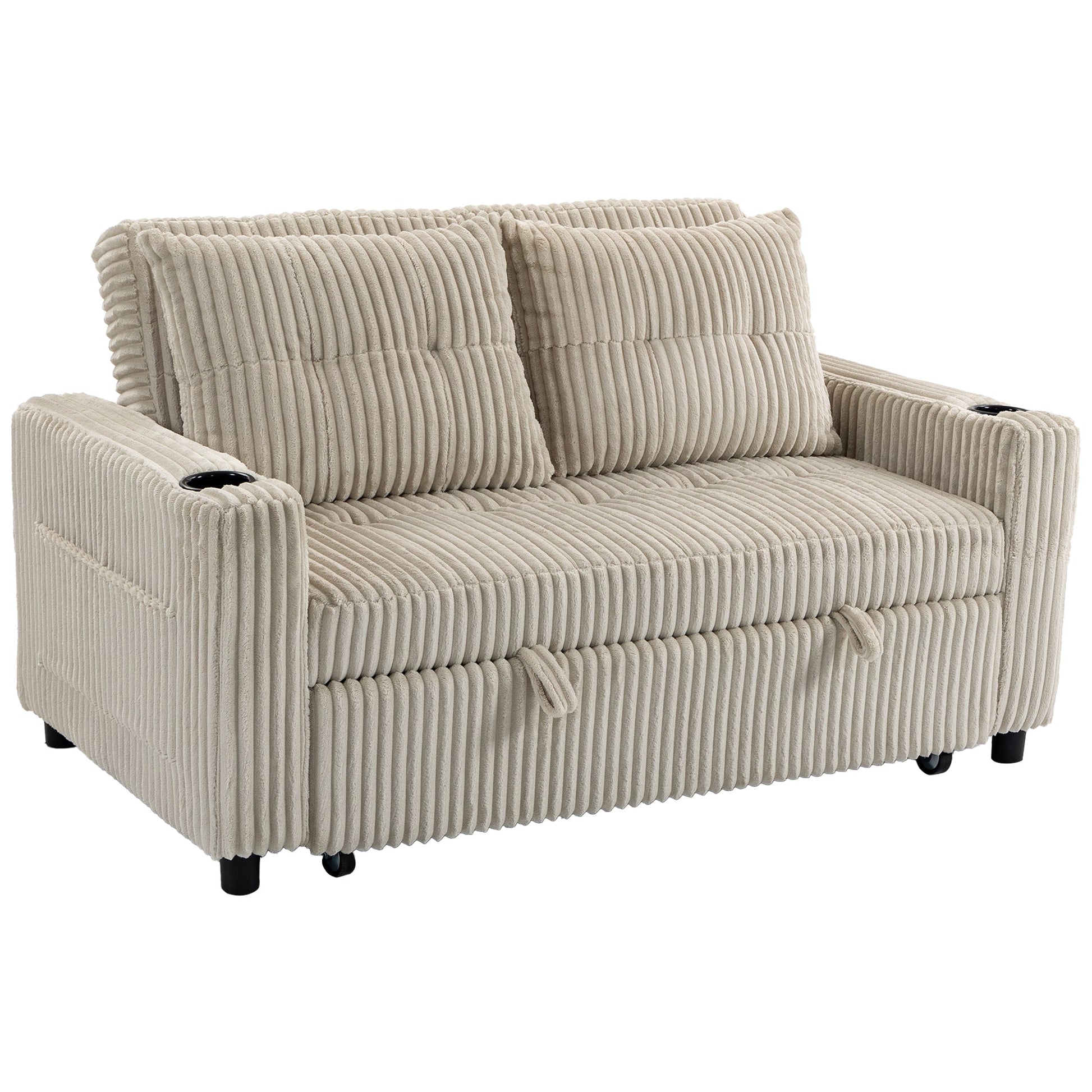 2 Seater Sofa Bed, Corduroy Click Clack Sleeper Sofa with Pull Out Design, 2 Pillows, Cup Holders, Side Pockets, Convertible Loveseat Bed Settee for Living Room, 157x190cm, Cream White