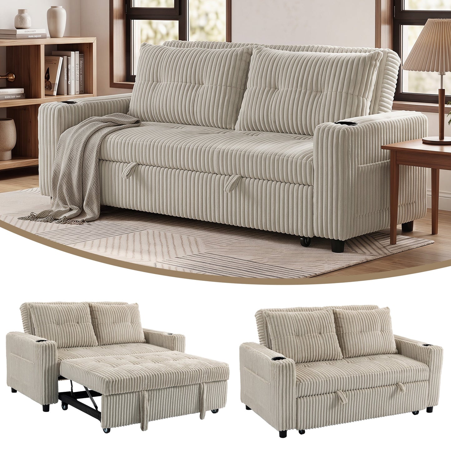 2 Seater Sofa Bed, Corduroy Click Clack Sleeper Sofa with Pull Out Design, 2 Pillows, Cup Holders, Side Pockets, Convertible Loveseat Bed Settee for Living Room, 157x190cm, Cream White