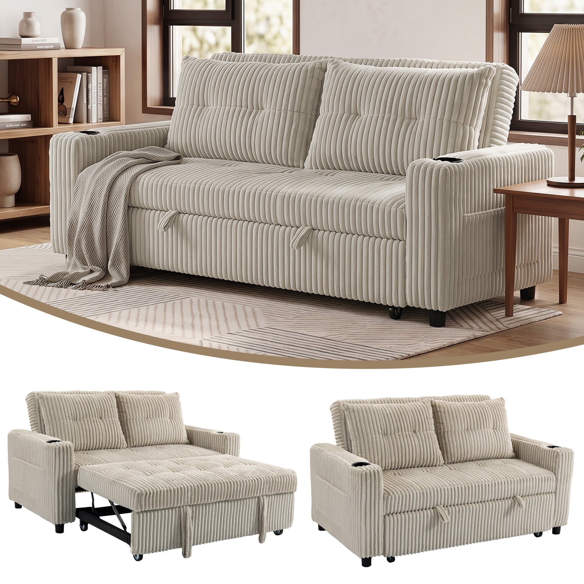2 Seater Sofa Bed, Corduroy Click Clack Sleeper Sofa with Pull Out Design, 2 Pillows, Cup Holders, Side Pockets, Convertible Loveseat Bed Settee for Living Room, 157x190cm, Cream White