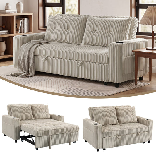 2 Seater Sofa Bed, Corduroy Click Clack Sleeper Sofa with Pull Out Design, 2 Pillows, Cup Holders, Side Pockets, Convertible Loveseat Bed Settee for Living Room, 157x190cm, Cream White