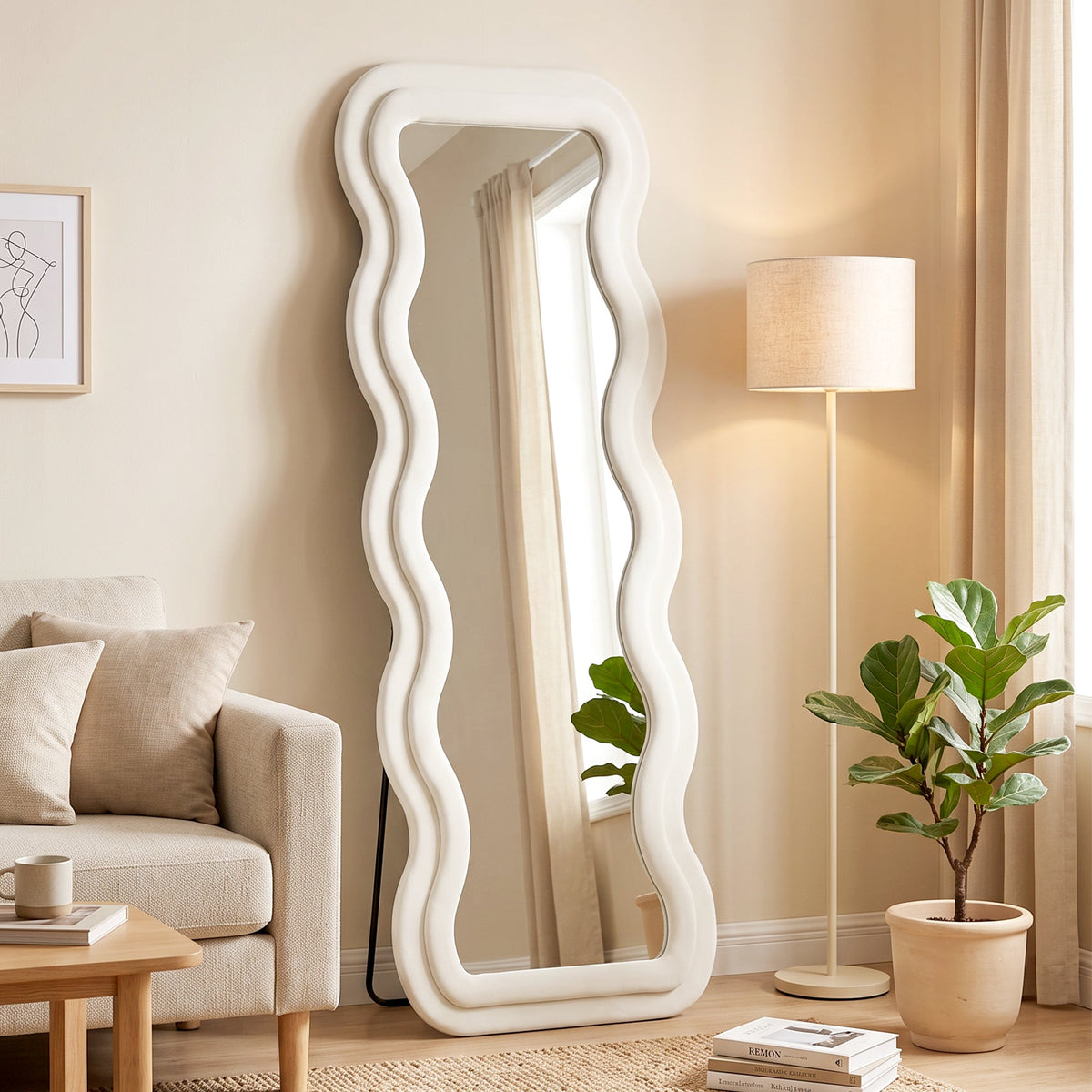 Full Length Mirror, 160 x 60 cm Wavy Large Full Body Standing Mirror with Velvet Frame, HD Tempered Glass, Floor Standing, Wall Hanging or Leaning for Bedroom,  Living Room, Cream White