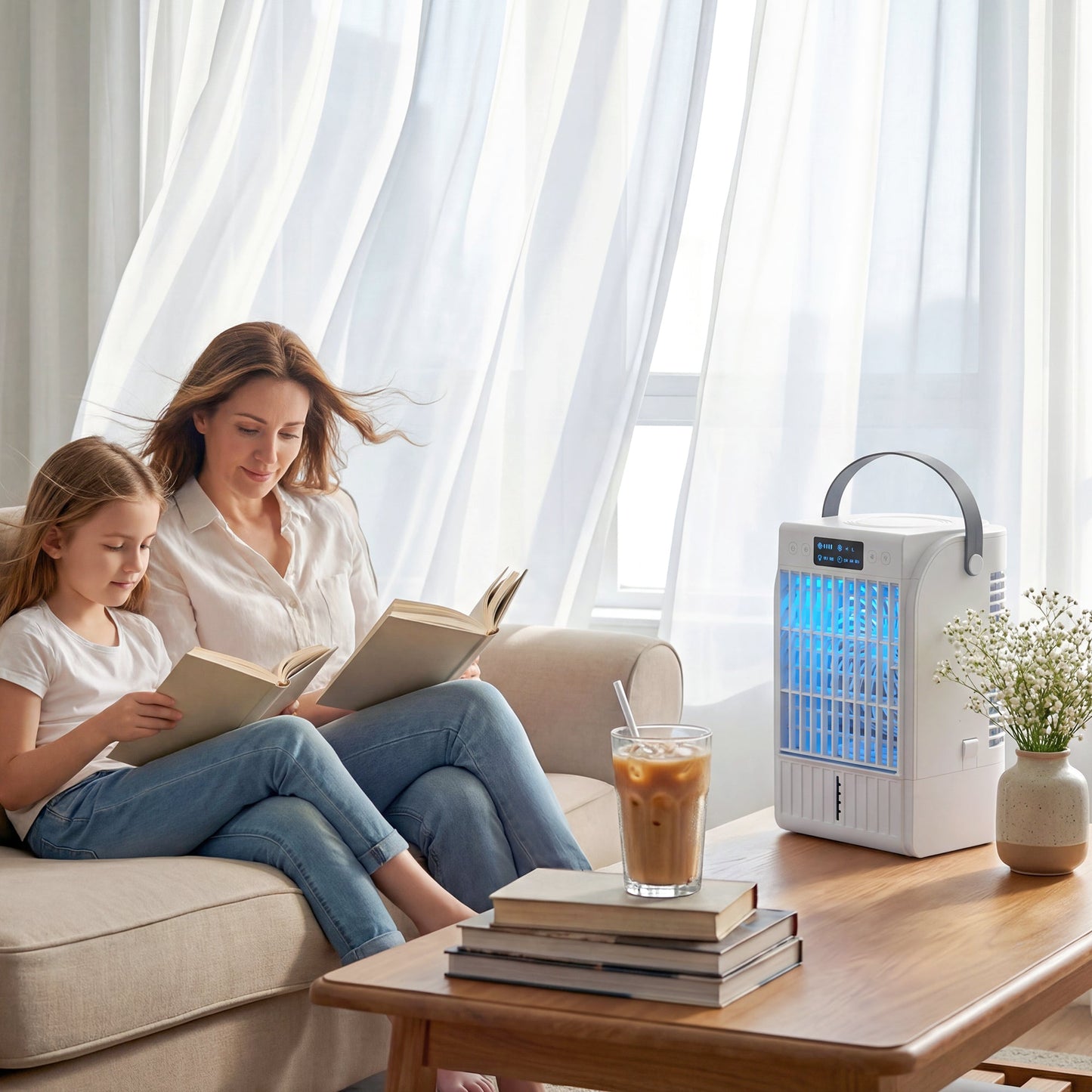Portable Air Conditioner, 4-in-1 Mini Air Cooler with 4 Wind Speed, 2 Mist Mode, RGB 7 LED Light, 1500ml Water Tank, 2-6H Timer, Small Cooling Fan for Home, Office, Bedroom, White