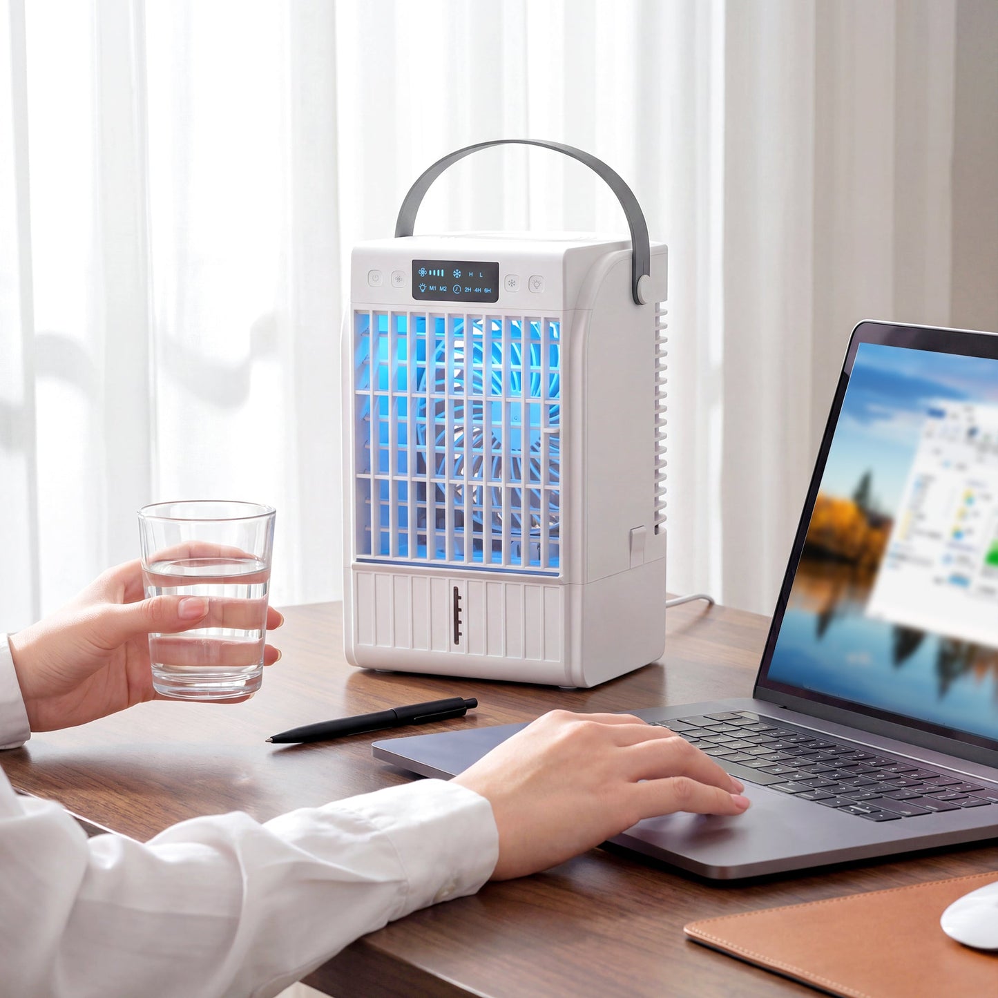 Portable Air Conditioner, 4-in-1 Mini Air Cooler with 4 Wind Speed, 2 Mist Mode, RGB 7 LED Light, 1500ml Water Tank, 2-6H Timer, Small Cooling Fan for Home, Office, Bedroom, White