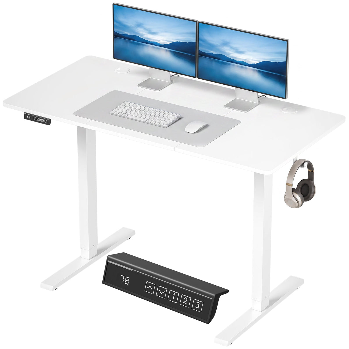 Electric Standing Desk Height Adjustable 120 x 60cm, Sit Stand Desk with 3 Memory Presets, Quiet Home Office Computer Desk with LED Display, Cable Holes & Hooks for Bedroom, Home Office, White