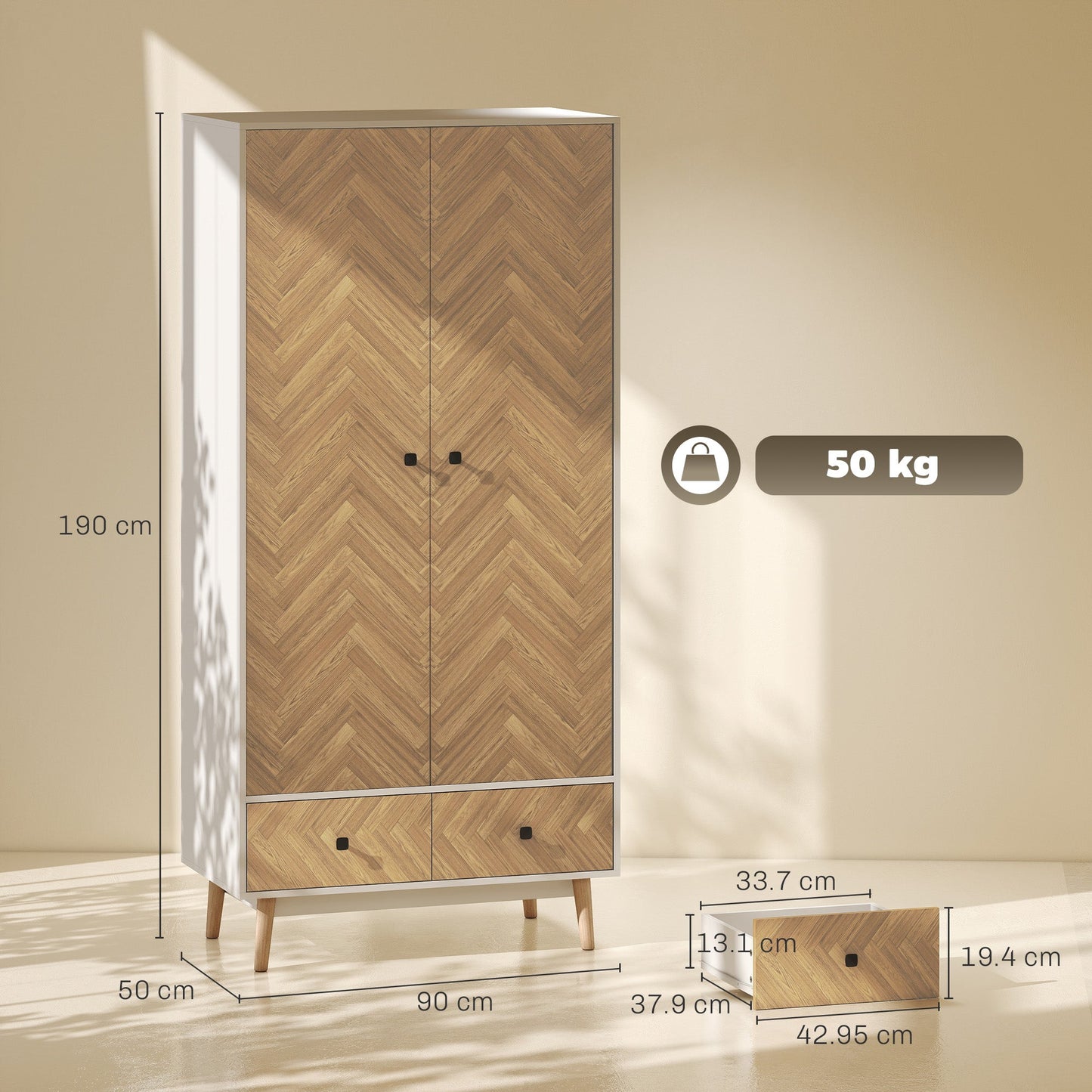 Modern Wardrobe Cabinet Wood-Effect Sticker Surface with 2 Hanging Rods, 2 Storage Shelves and 2 Drawers, 90 x 50 x 190 cm, White and Natural Wood Finish