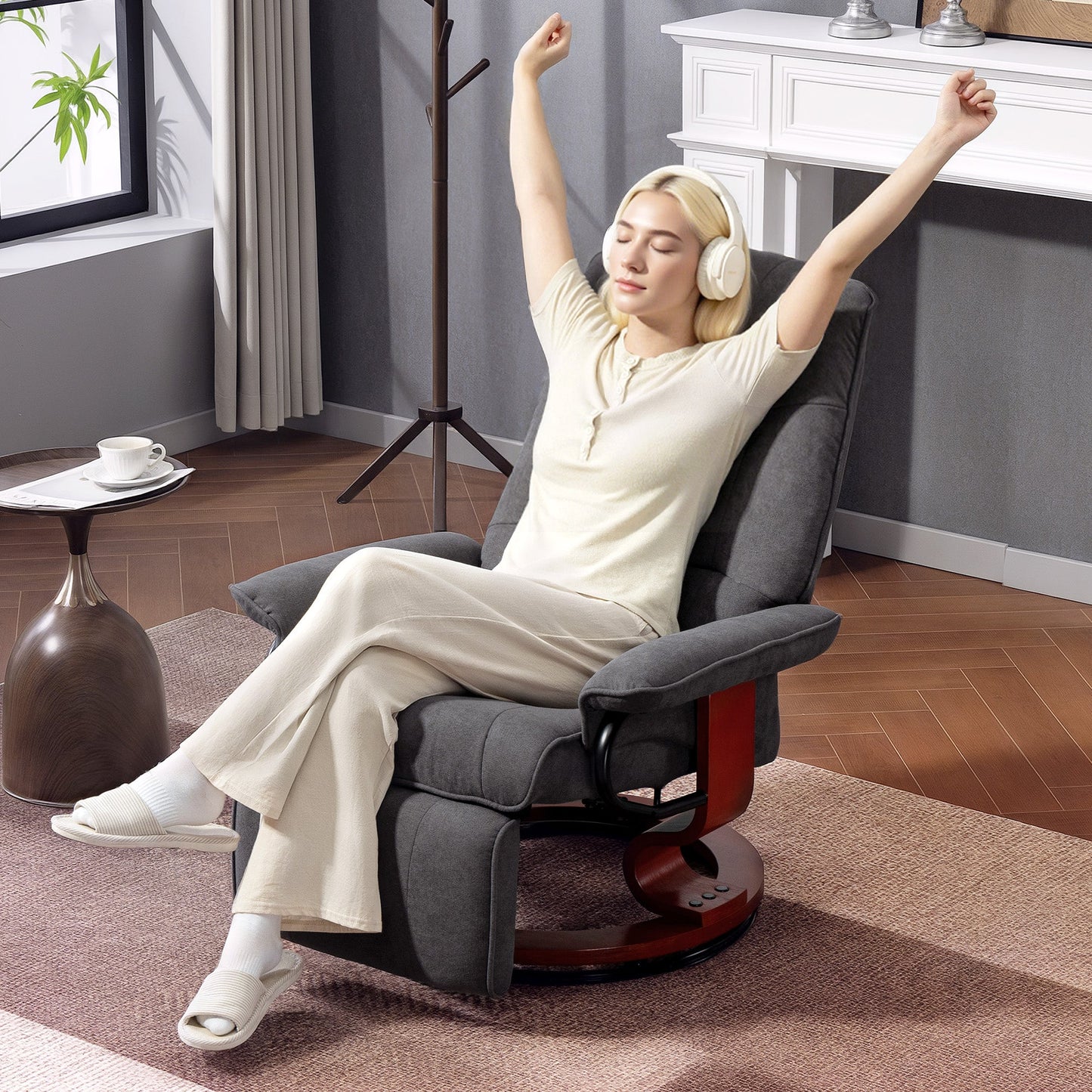 Manual Recliner Chair with Faux Leather Upholstered & Wooden Base for Living Room, Light Grey - HOMCOM