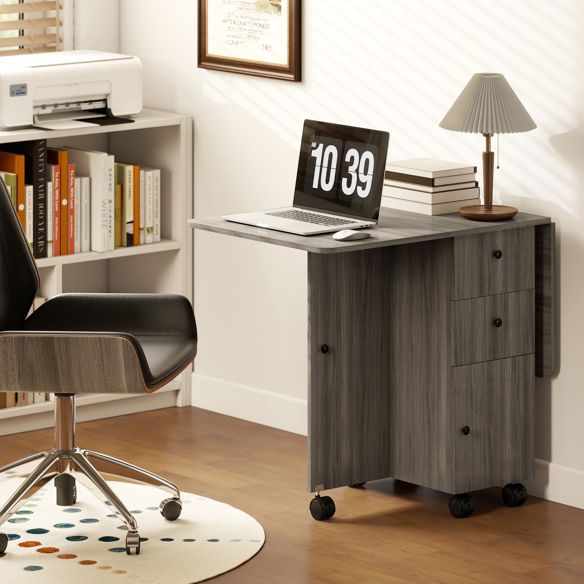 Folding Dining Table on Wheels for 4-6 with Storage Drawers, Cabinet, Grey - HOMCOM