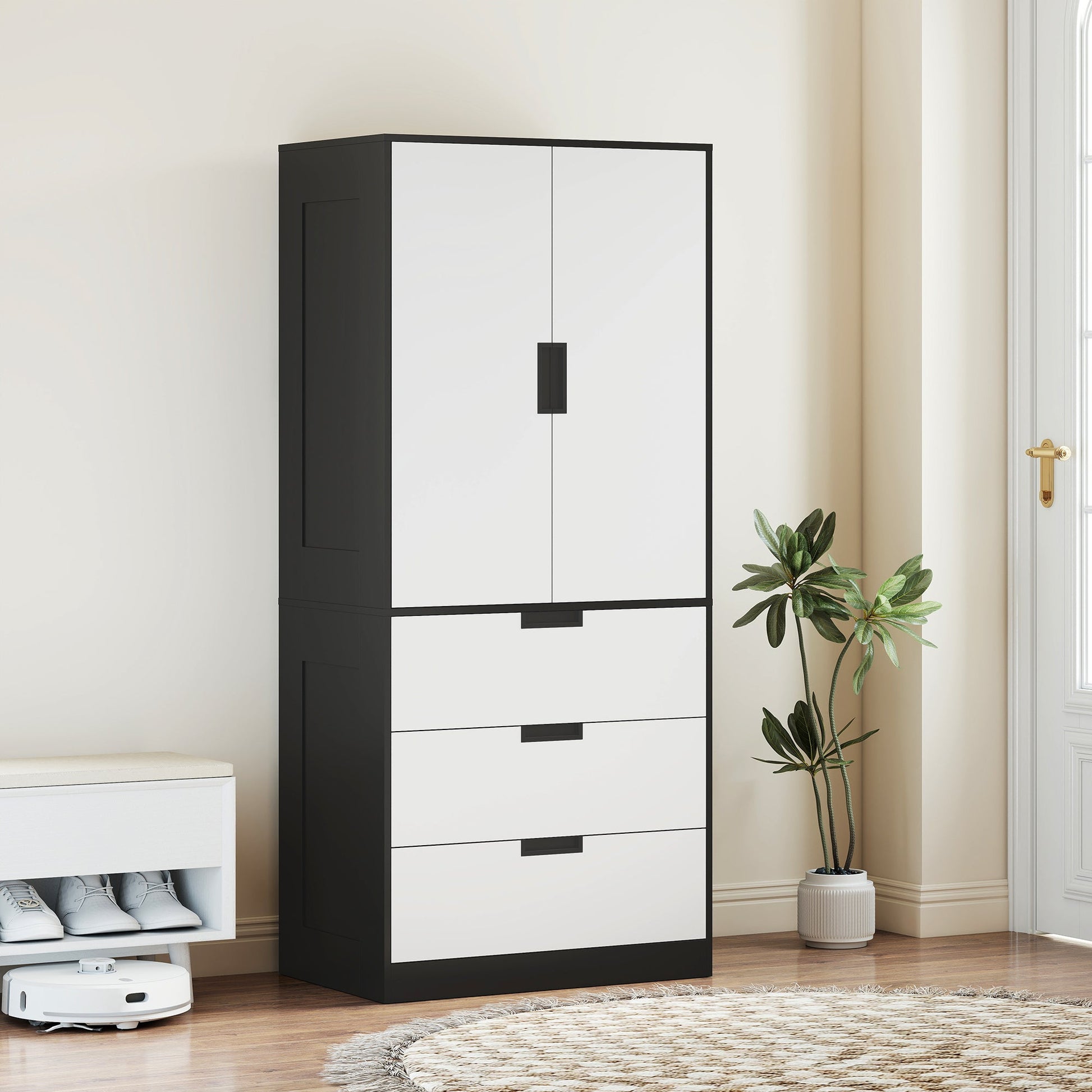 Modern Clothes Storage Cupboard Unit, Wardrobe with Hanging Rod, 3-Drawer and 2-Door, Black - HOMCOM