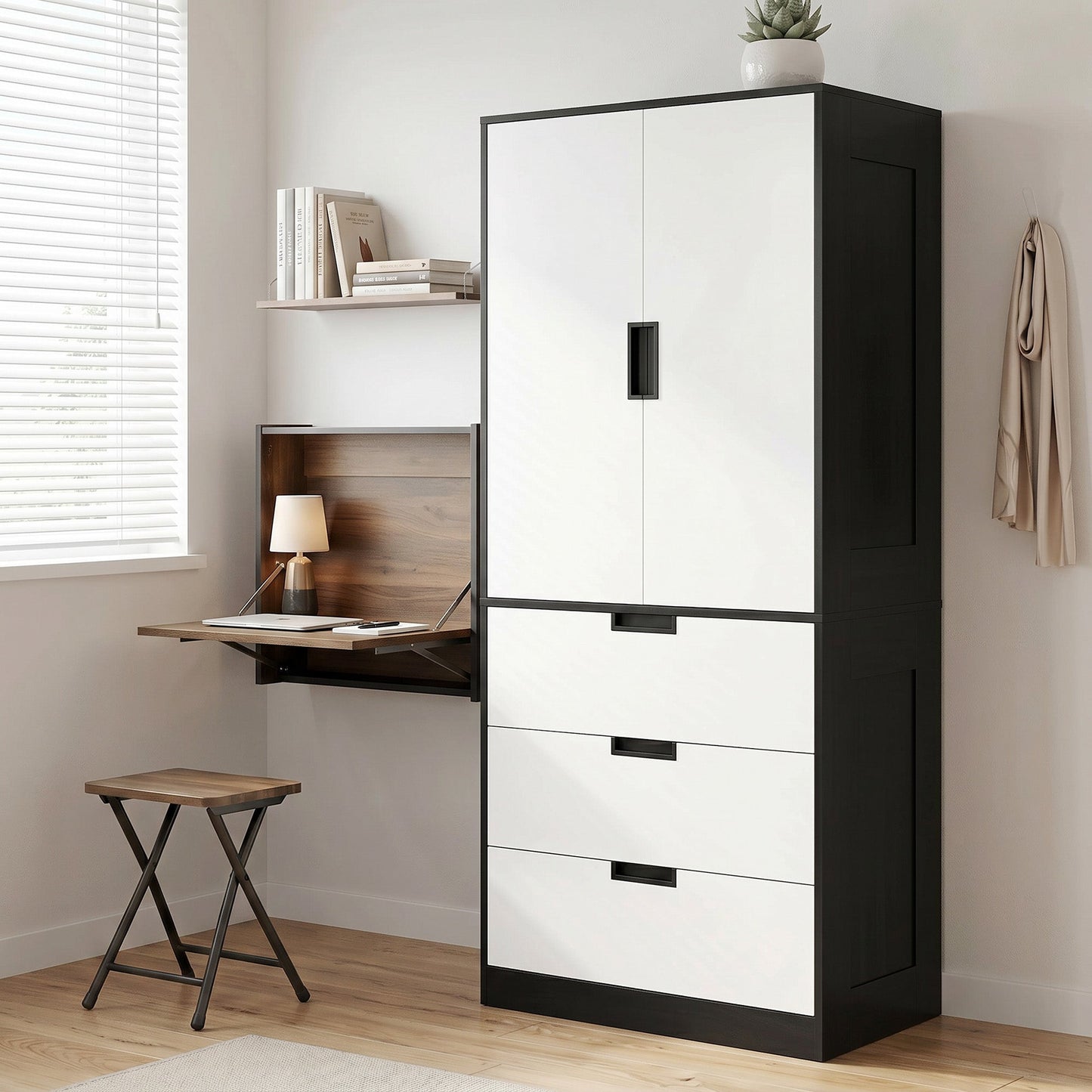 3-Drawer 2-Door Wardrobe with Hanging Rod for Clothes, Black
