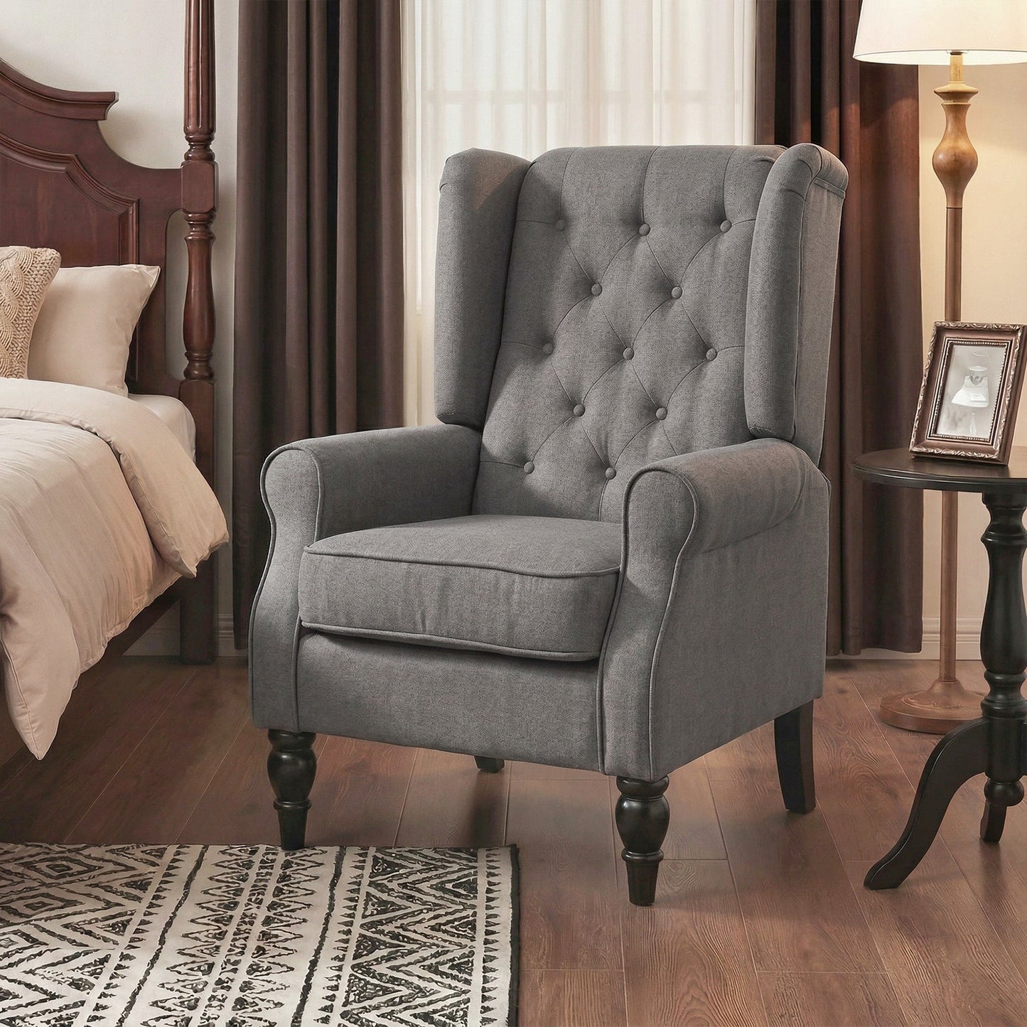 Retro Button Tufted Accent Armchair with Wooden Frame and Legs for Living Room, Bedroom, Dark Grey - HOMCOM