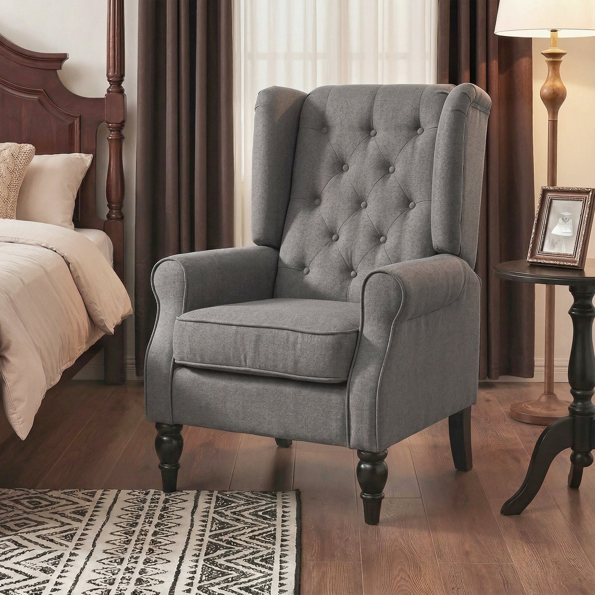 Retro Button Tufted Accent Armchair with Wooden Frame and Legs for Living Room, Bedroom, Dark Grey - HOMCOM