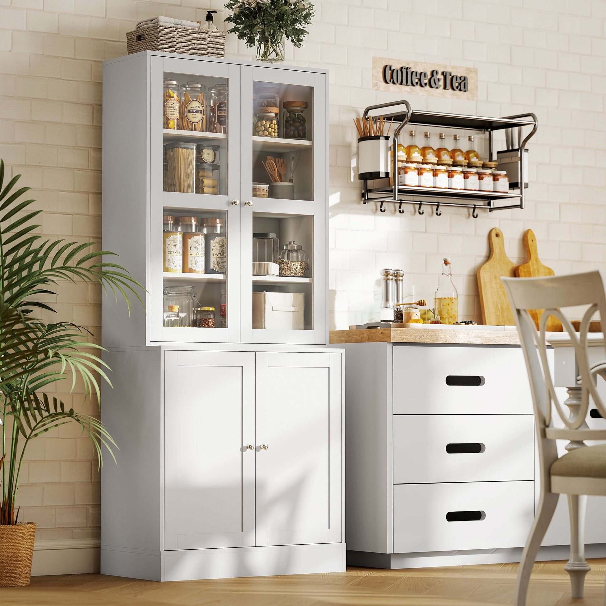 Modern Bookcase with Glass Doors, Display Storage Cabinet w/ Adjustable Shelves, White - HOMCOM