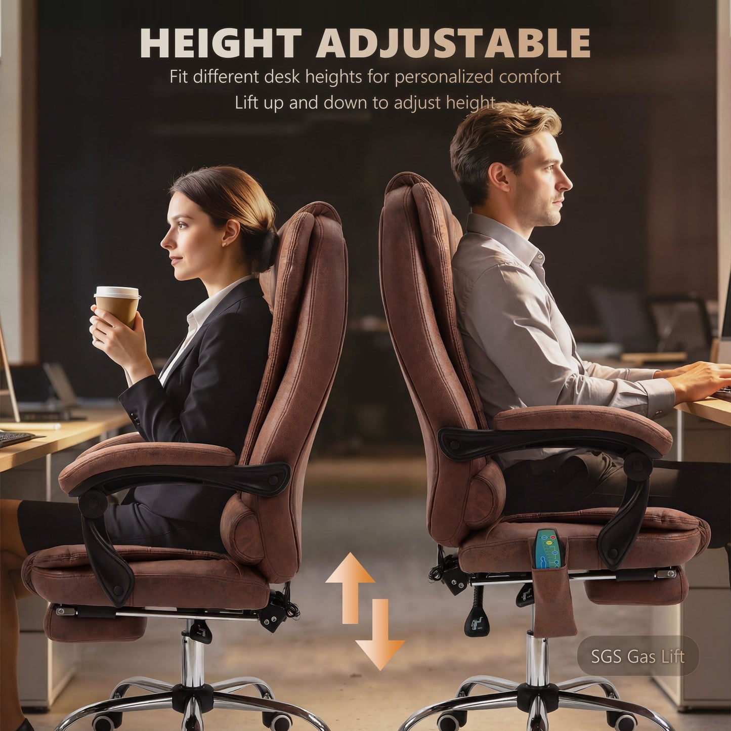 6-Point Massage Office Chair with Heated Back, Reclining and Footrest, Brown