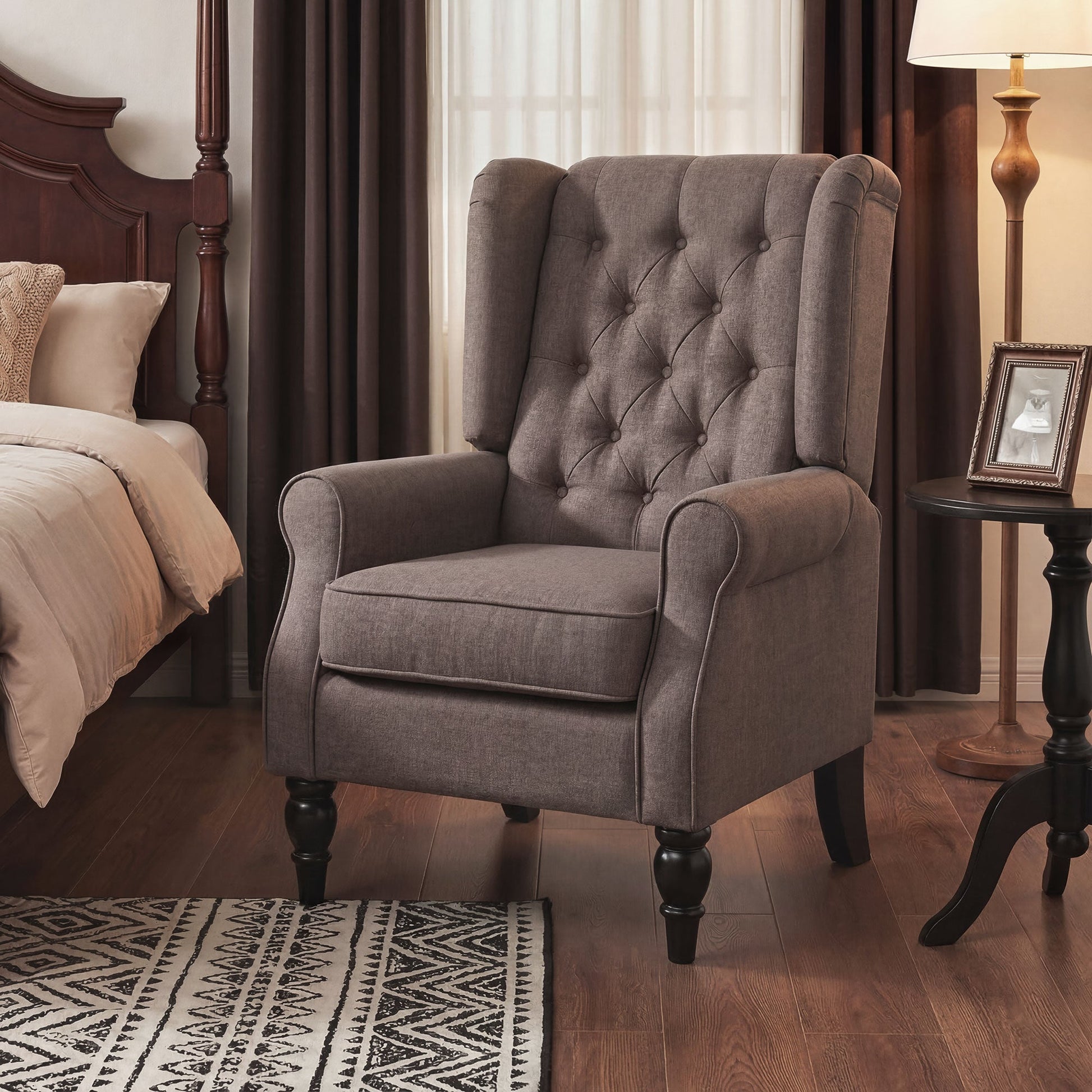 Mid-CenturyAccent Chair w/ High Wingback, Button-Tufted Fabric & Retro Wood Legs, Dark Brown - HOMCOM