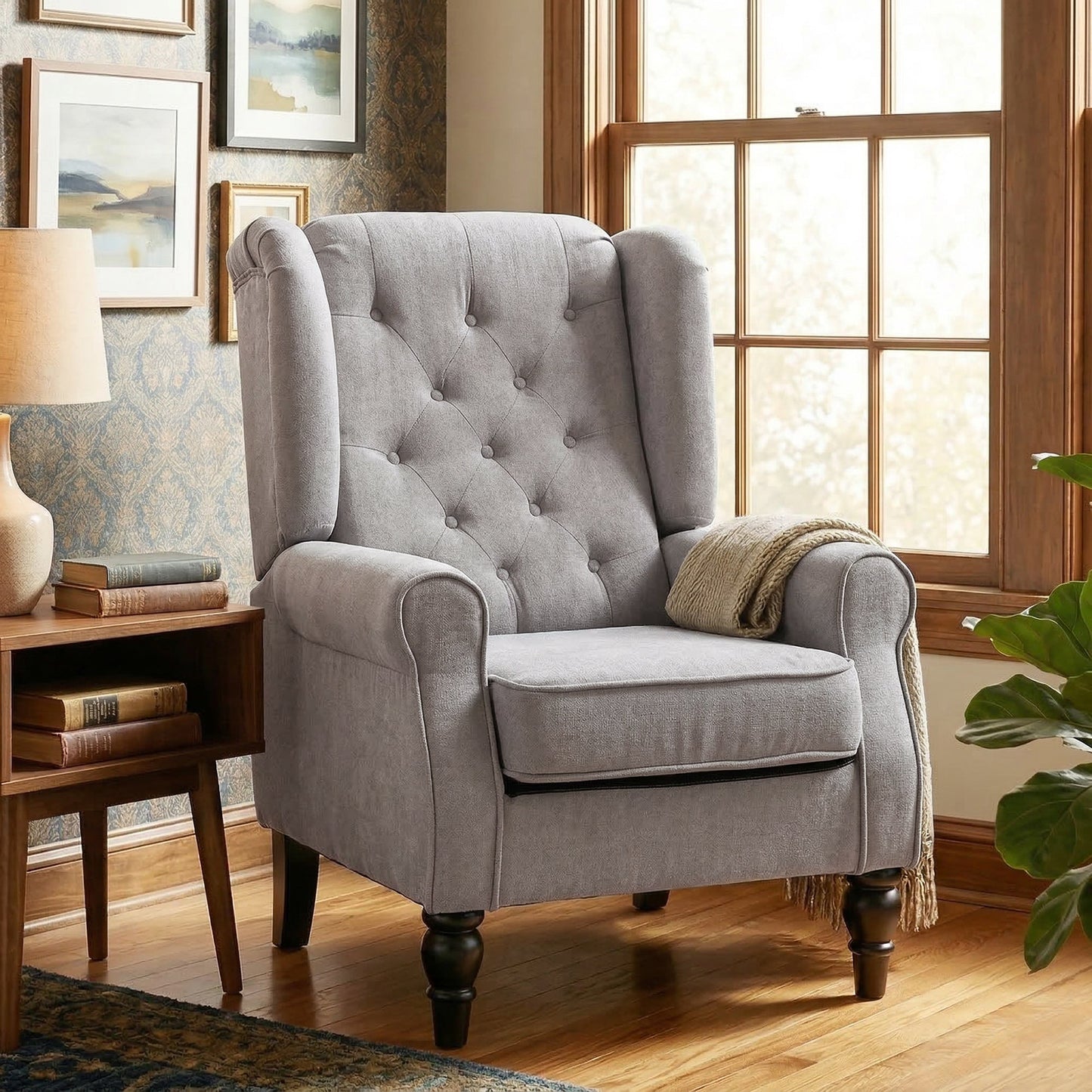 Retro Button Tufted Accent Armchair with Wooden Frame and Legs for Living Room, Bedroom, Grey - HOMCOM