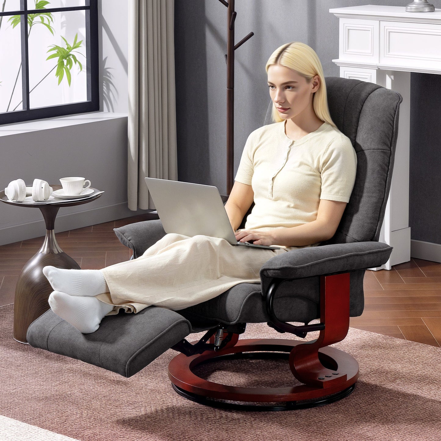 Manual Recliner Chair with Faux Leather Upholstered & Wooden Base for Living Room, Light Grey - HOMCOM
