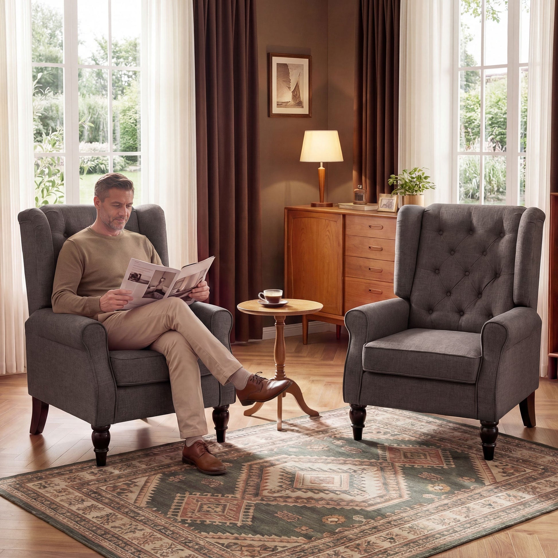 Mid-CenturyAccent Chair w/ High Wingback, Button-Tufted Fabric & Retro Wood Legs, Dark Brown - HOMCOM