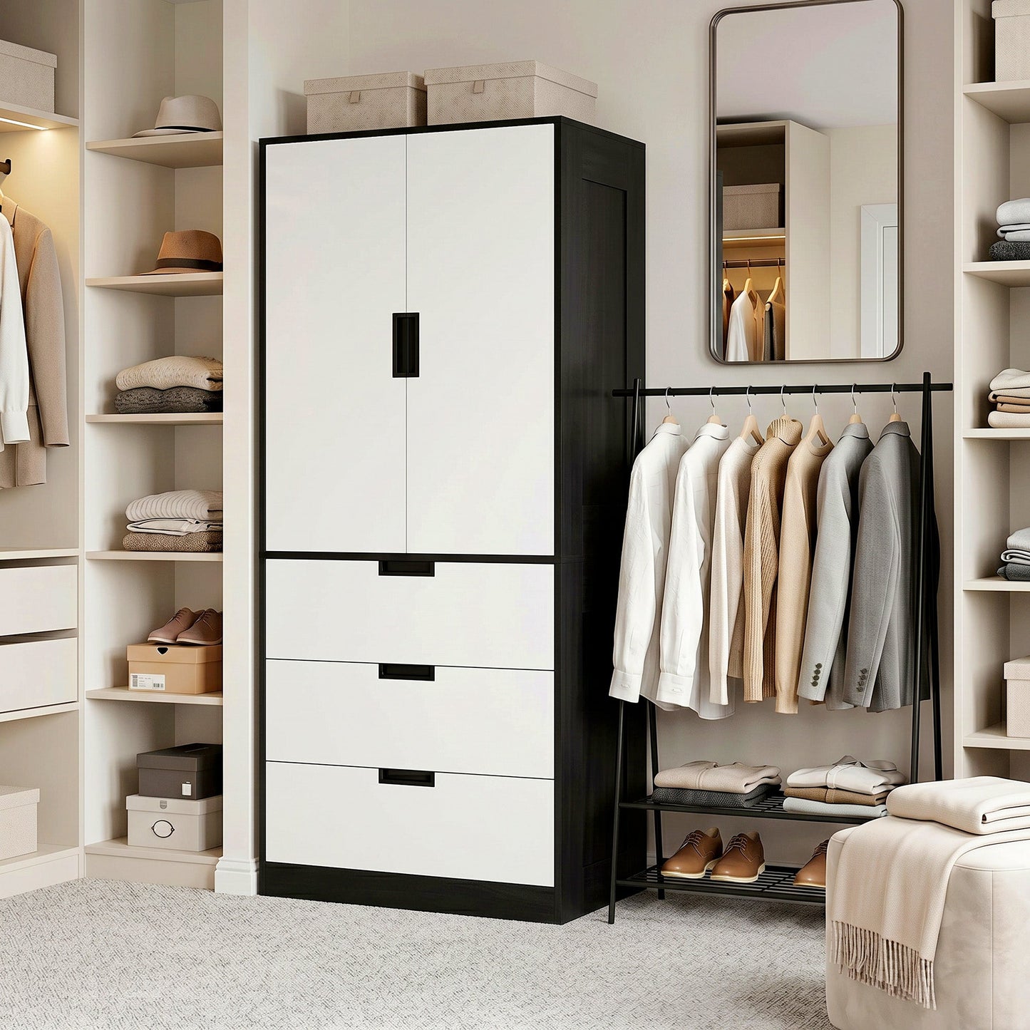 3-Drawer 2-Door Wardrobe with Hanging Rod for Clothes, Black