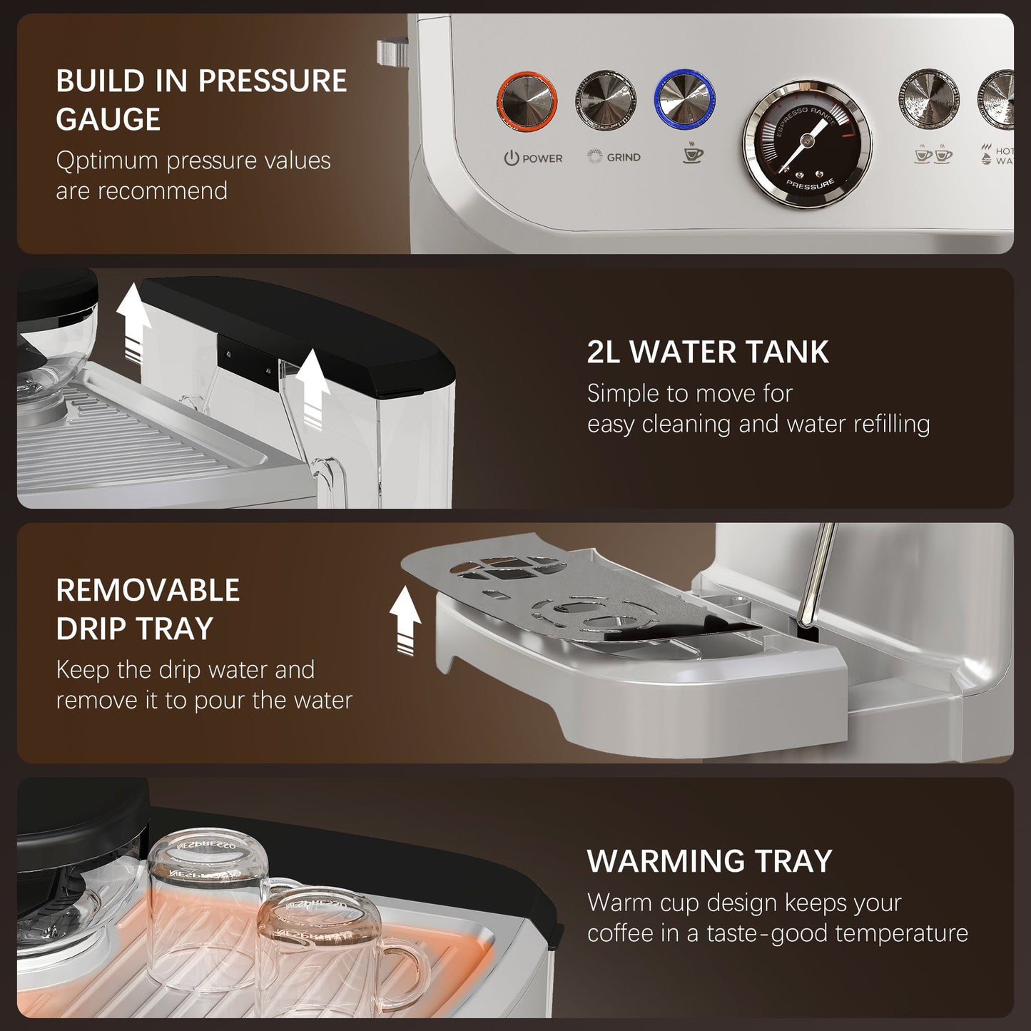 Espresso Machine with Integrated Bean Grinder & Steam Wand, Stainless Steel Silver - HOMCOM