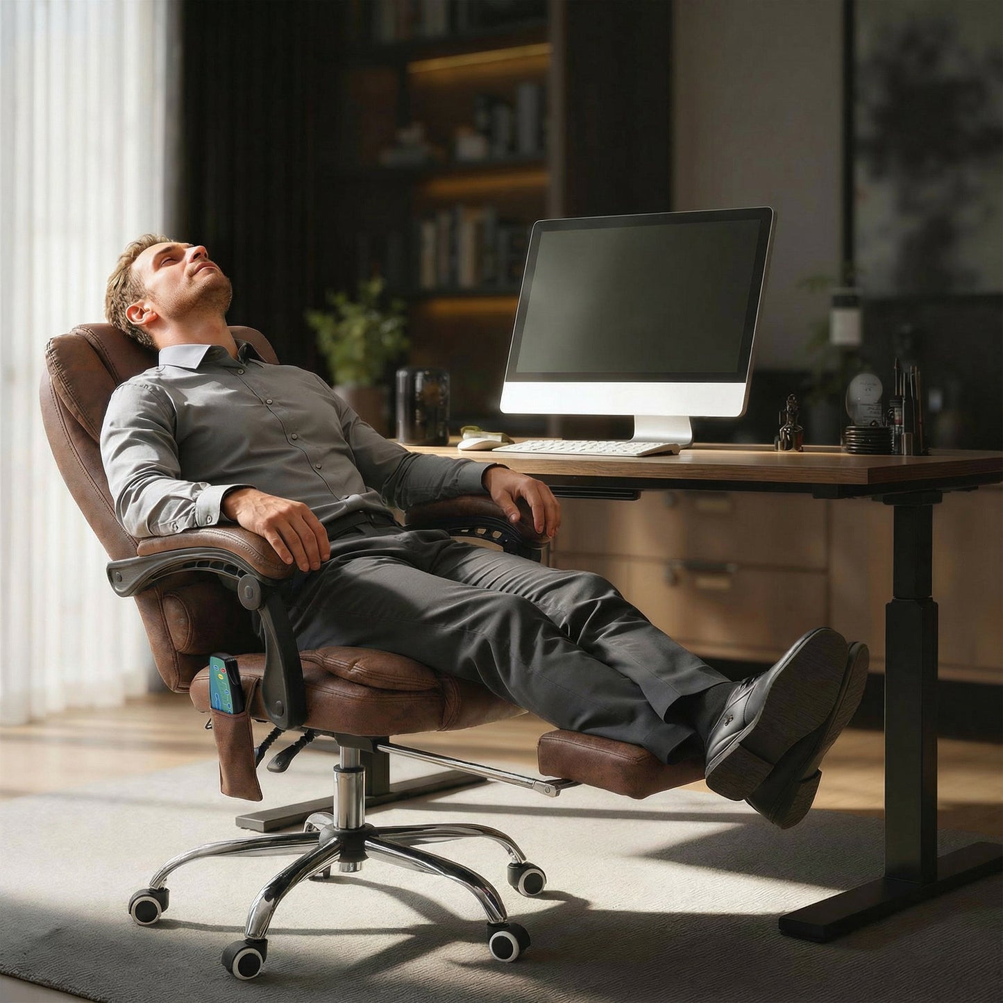 6-Point Massage Office Chair with Heated Back, Reclining and Footrest, Brown