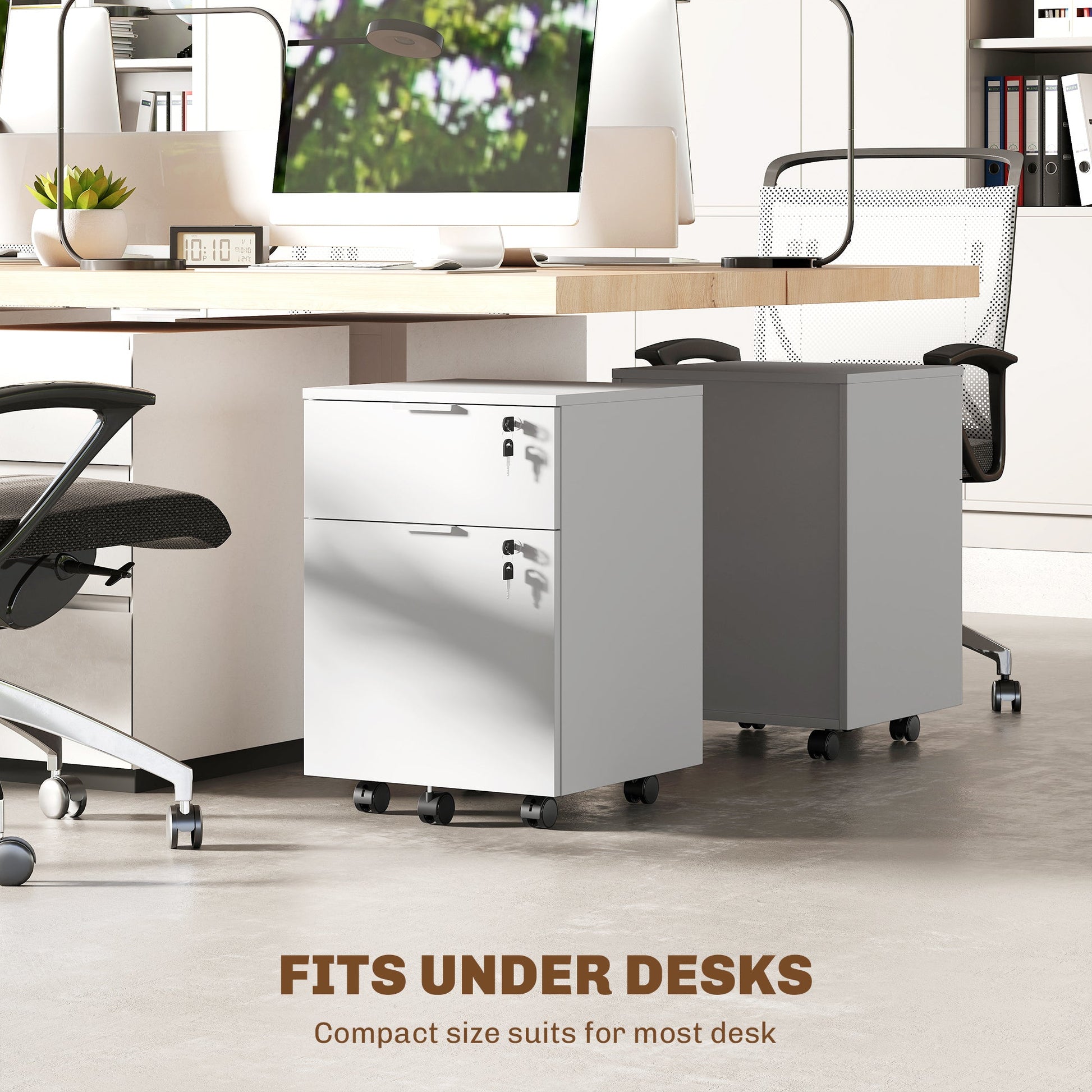 Mobile File Cabinet with Wheels and Lock, 2 Drawer Under Desk Office Cabinet, Adjustable A4 and Letter Hanging Bars, White