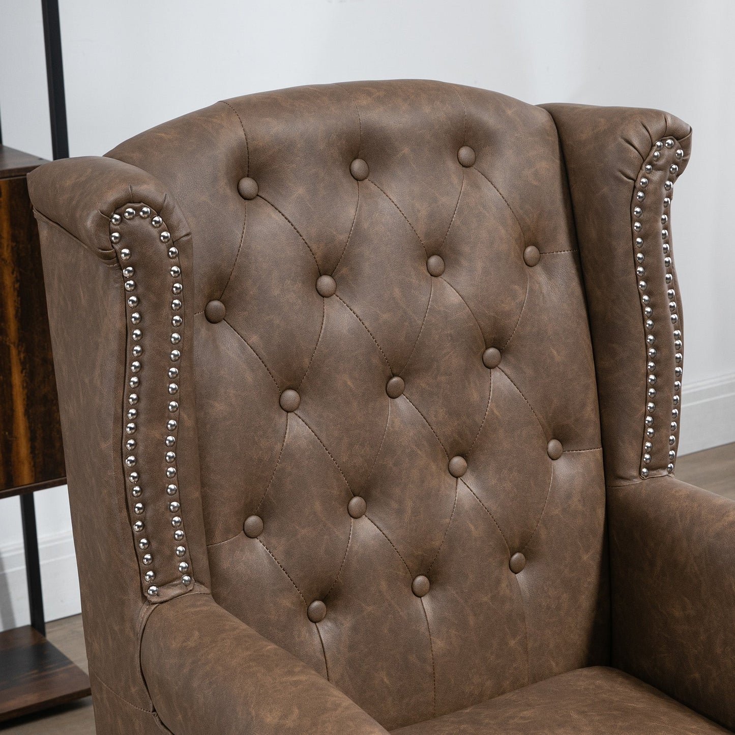 HOMCOM Wingback Armchair, Chesterfield-style PU Leather Fireside Chair, Button Tufted Accent Chair with Nailhead Trim for Living Room, Bedroom, Home Office, Brown