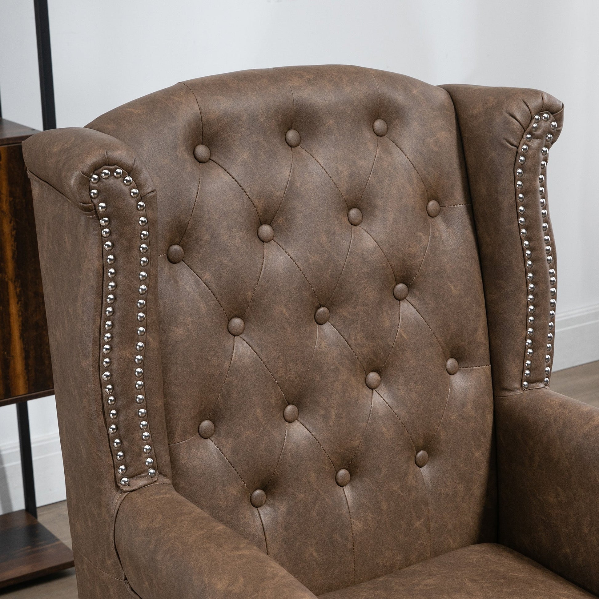 HOMCOM Wingback Armchair, Chesterfield-style PU Leather Fireside Chair, Button Tufted Accent Chair with Nailhead Trim for Living Room, Bedroom, Home Office, Brown
