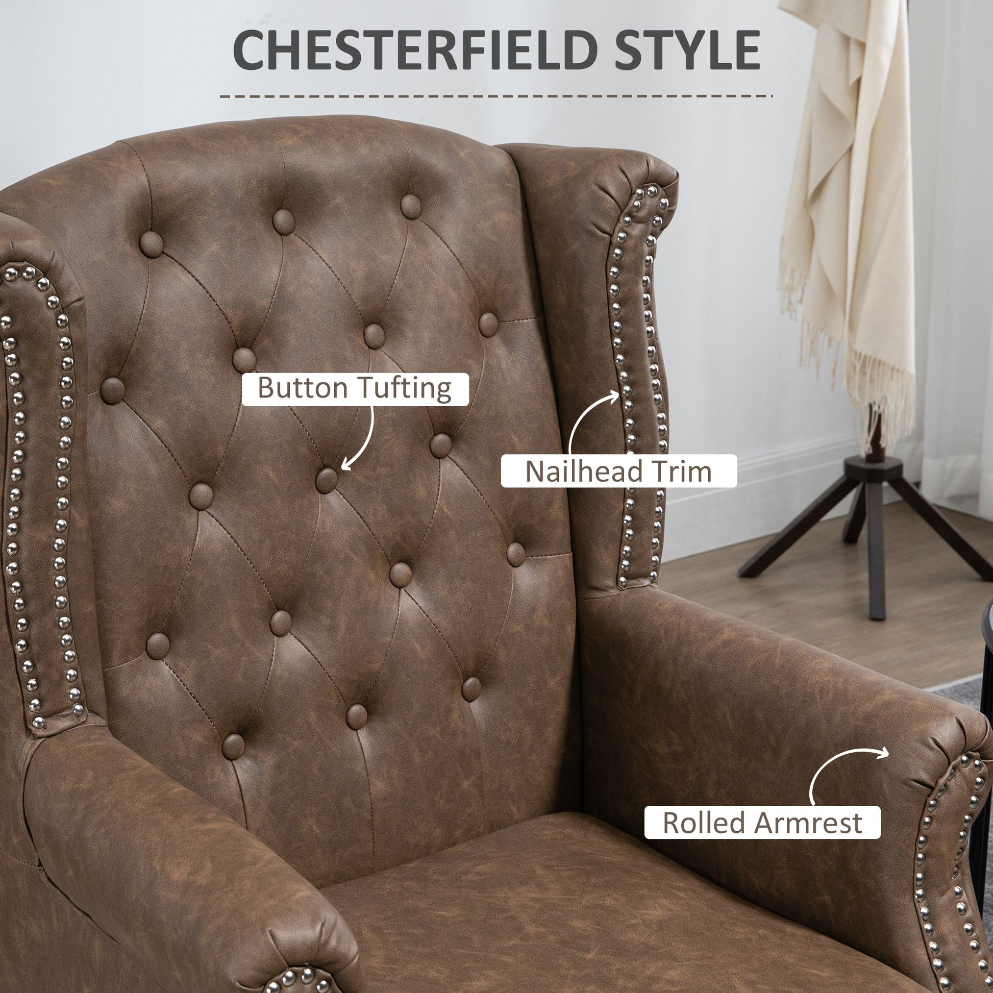 HOMCOM Wingback Armchair, Chesterfield-style PU Leather Fireside Chair, Button Tufted Accent Chair with Nailhead Trim for Living Room, Bedroom, Home Office, Brown