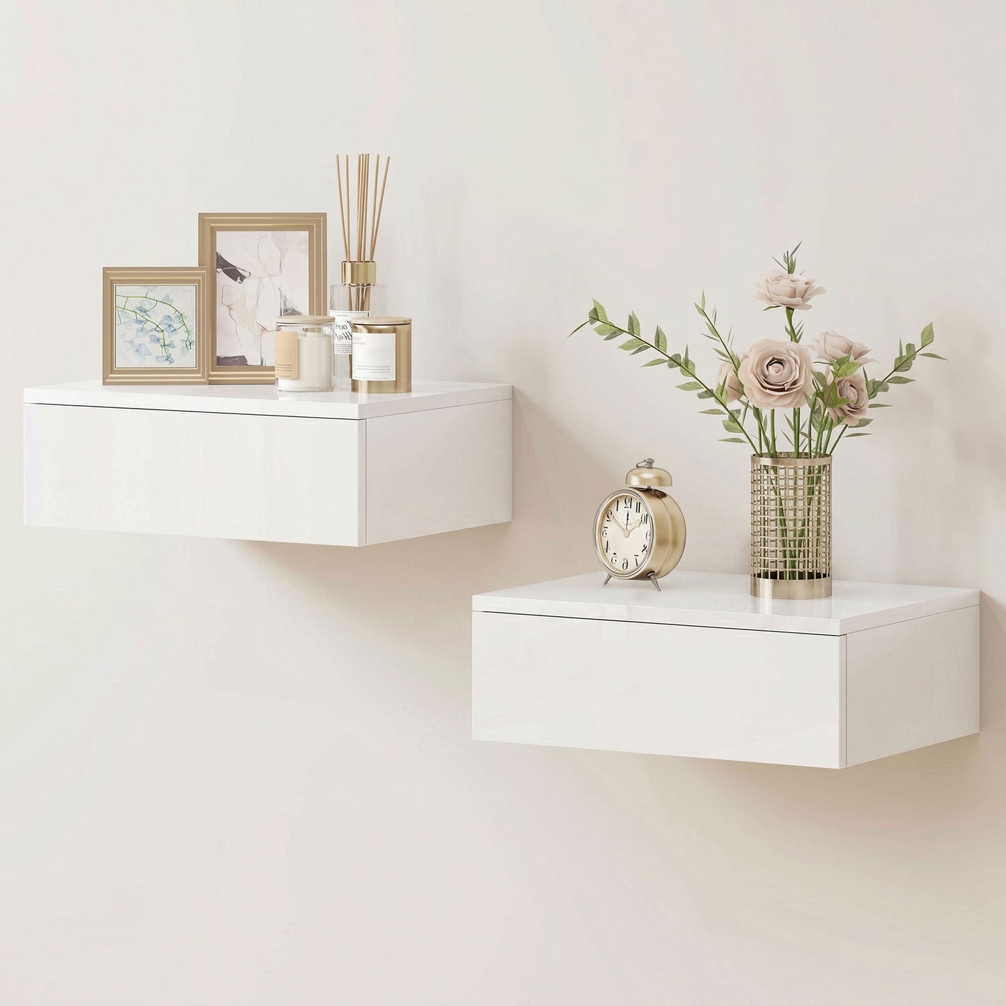 Floating Bedside Table Set of 2, Modern Wall-Mounted Nightstand with High Gloss Finish and Storage Drawer, Small Side End Table for Bedroom, White