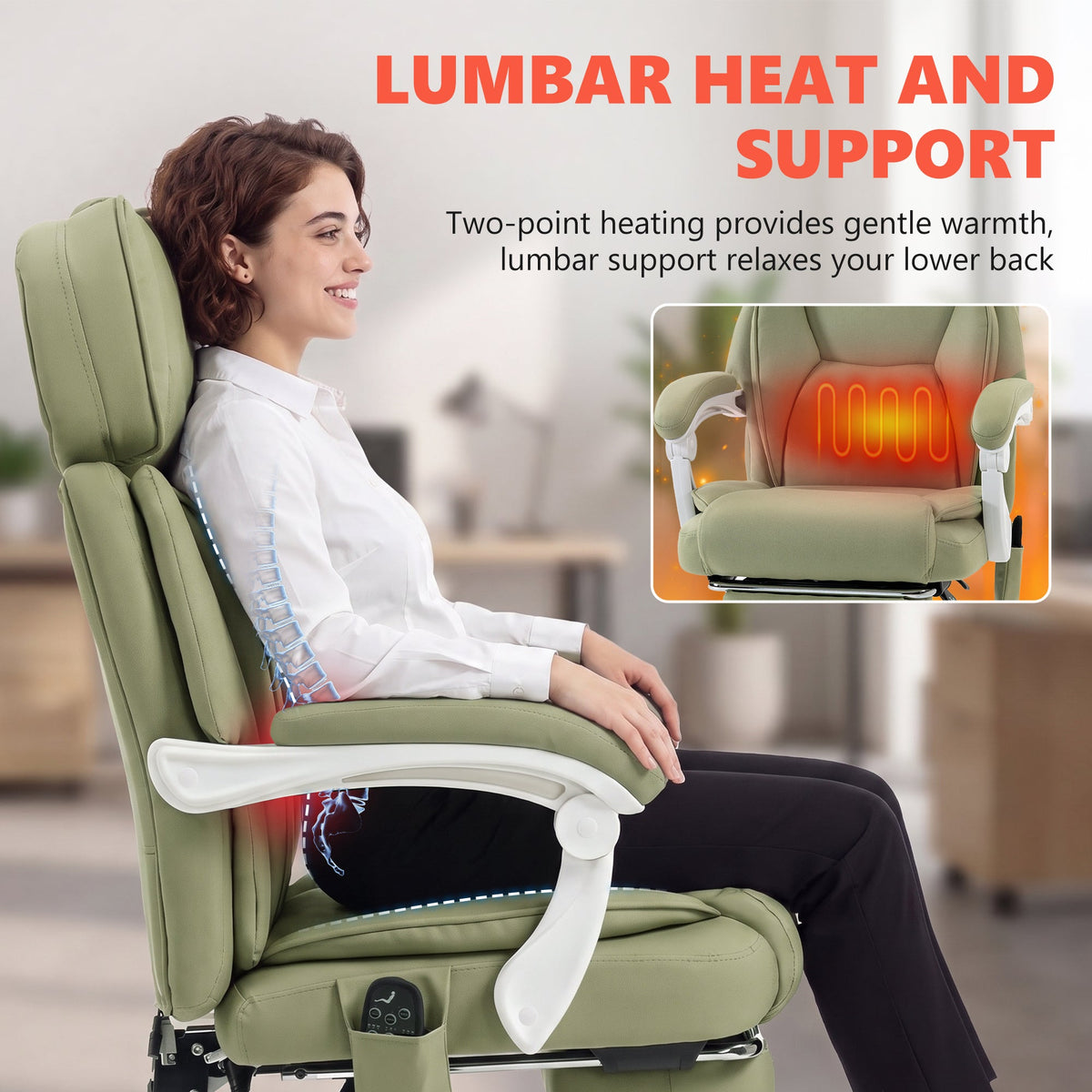 Office Chair with 6-Point Vibration Massage and Heat, Leathaire Upholstered Computer Desk Chair with Adjustable Headrest, Footrest, Linkage Armrests, Reclining, Remote, Lime Green