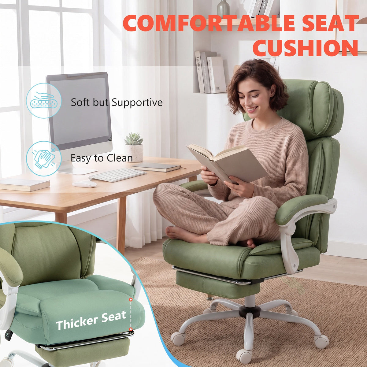 Office Chair with 6-Point Vibration Massage and Heat, Leathaire Upholstered Computer Desk Chair with Adjustable Headrest, Footrest, Linkage Armrests, Reclining, Remote, Lime Green