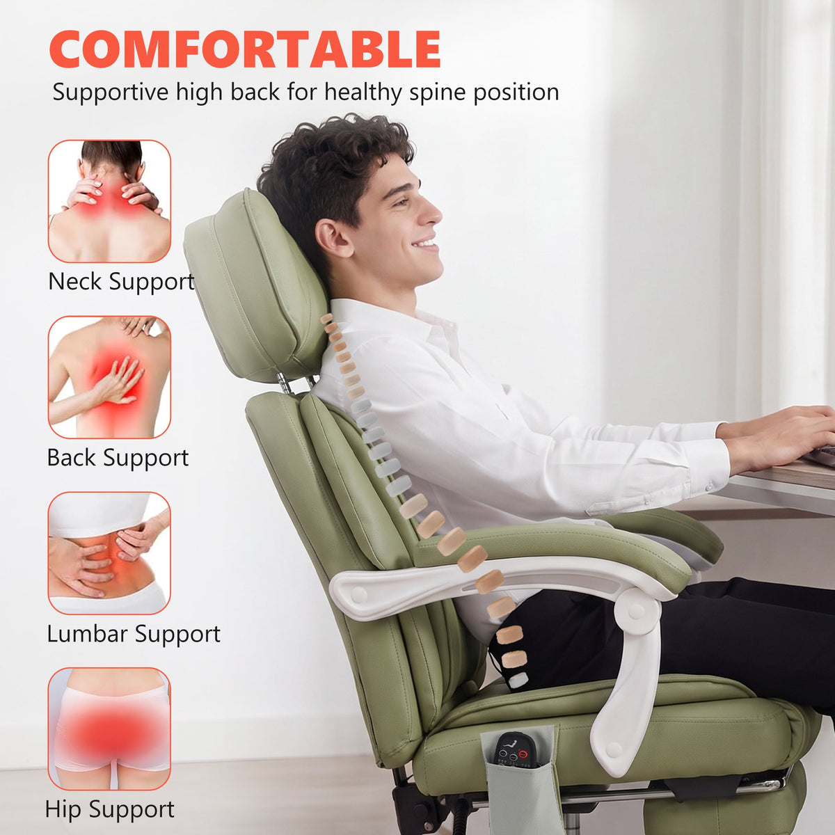 Office Chair with 6-Point Vibration Massage and Heat, Leathaire Upholstered Computer Desk Chair with Adjustable Headrest, Footrest, Linkage Armrests, Reclining, Remote, Lime Green
