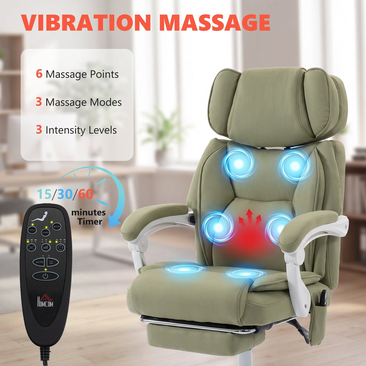 Office Chair with 6-Point Vibration Massage and Heat, Leathaire Upholstered Computer Desk Chair with Adjustable Headrest, Footrest, Linkage Armrests, Reclining, Remote, Lime Green