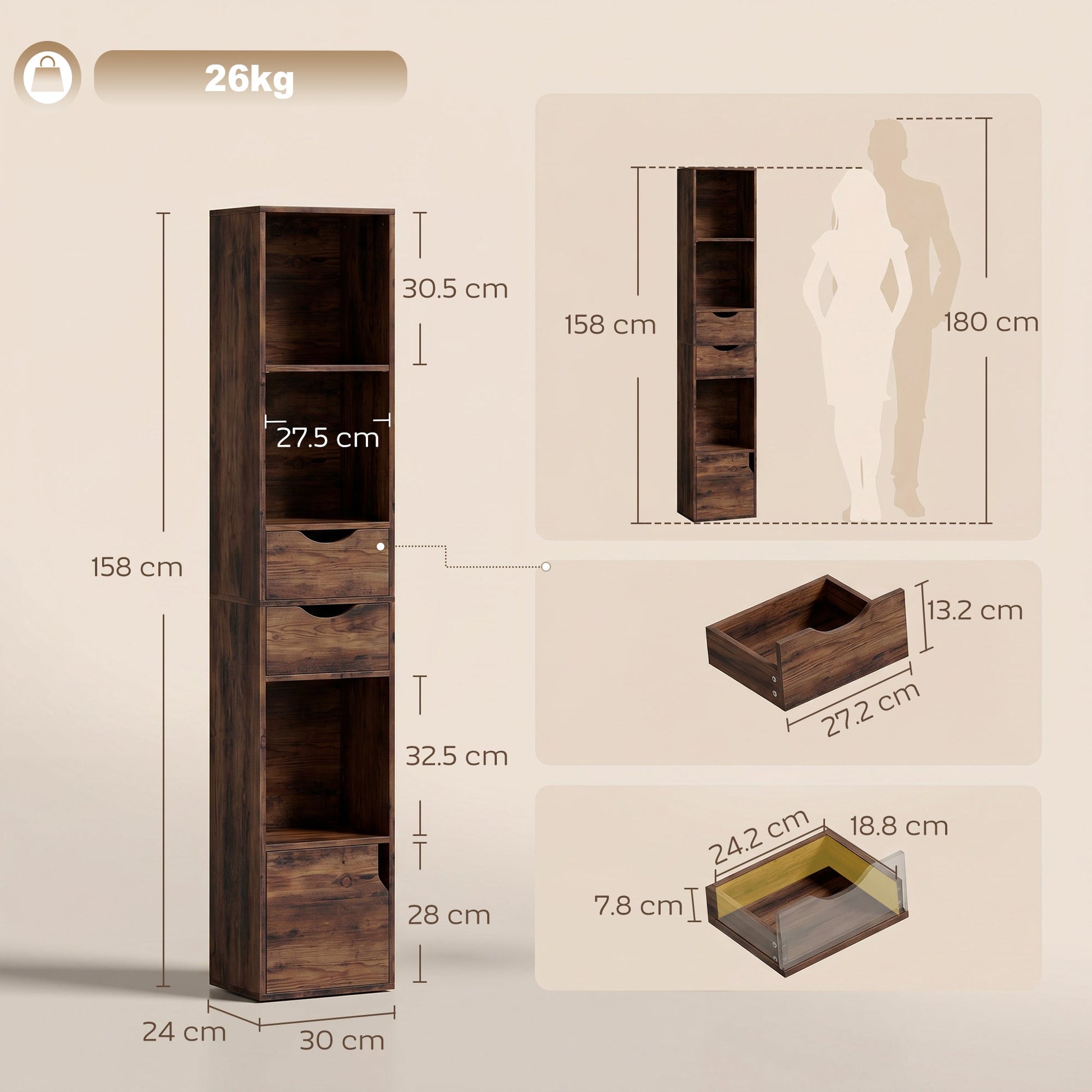 158 cm Bookcase with Drawers, 3-Tier Bookshelf, Slim Storage Cabinet with Doors, Adjustable Shelf for Living Room, Bedroom, Home Office, Rustic Brown